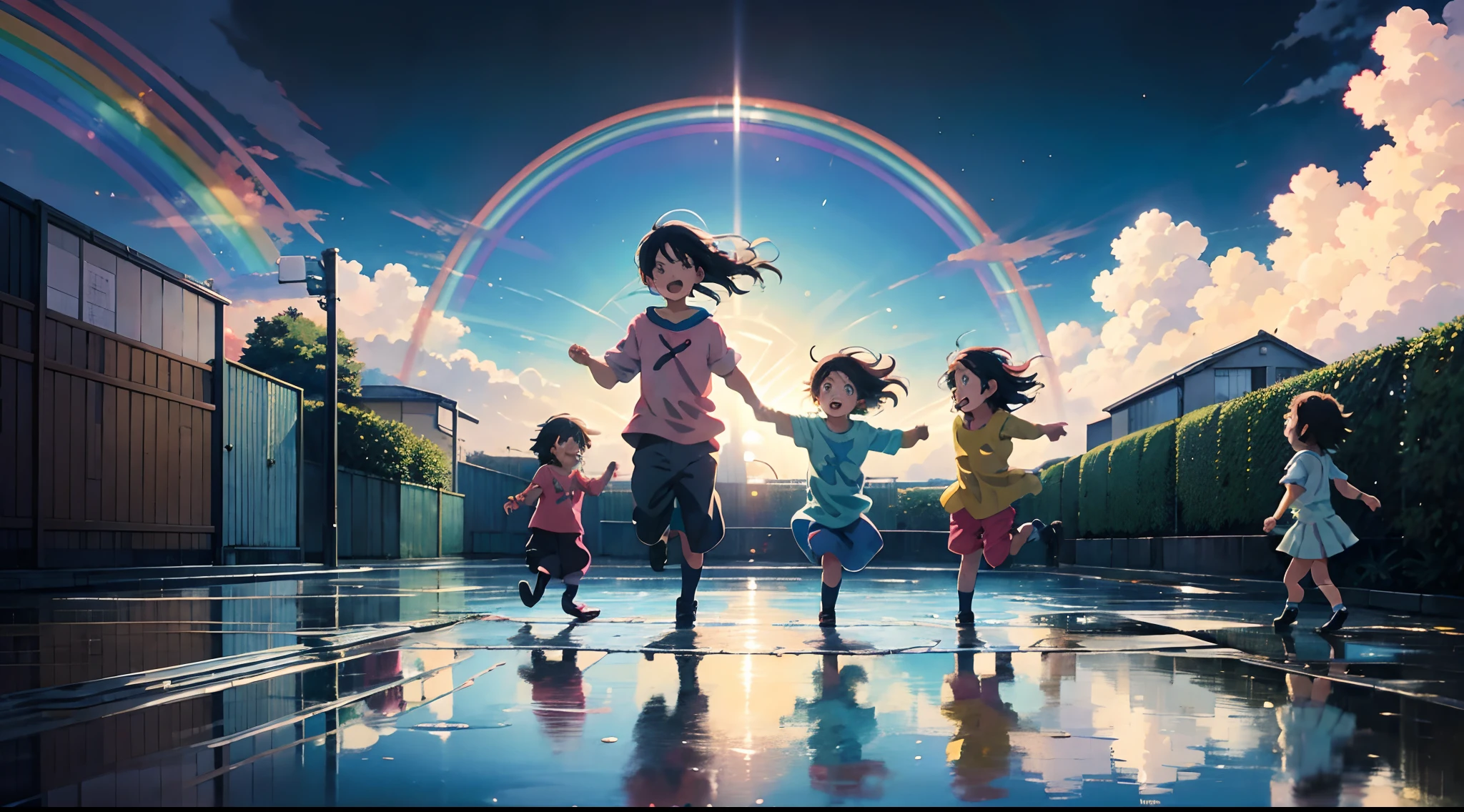 An Anime-style illustration capturing the pure excitement of children playing in a puddle. Pay special attention to children's expressions and movements. Make the rainbow in the background vibrant and mesmerizing with soft, pastel colors. Artists: Satoshi Kon, Mamoru Hosoda