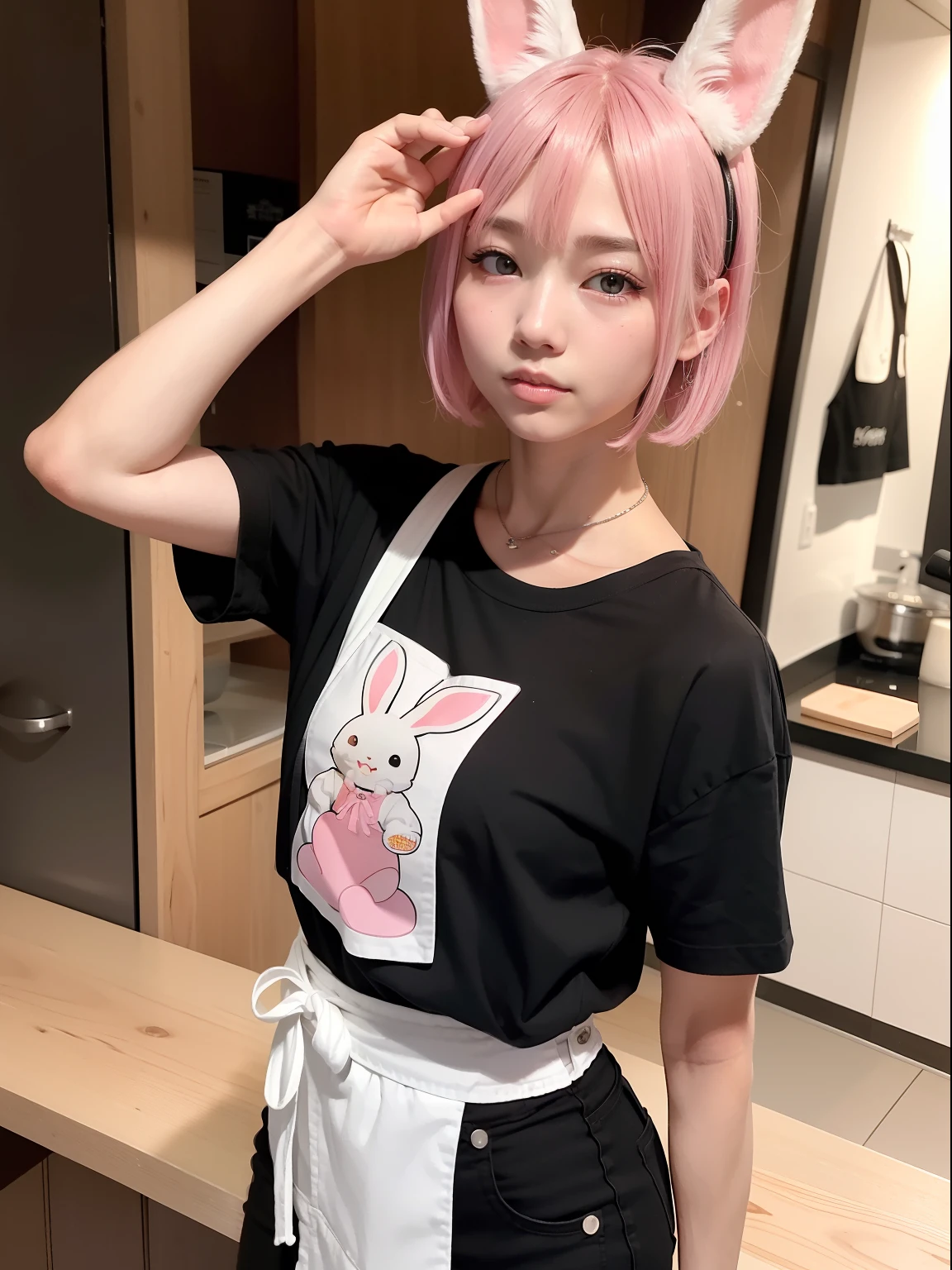 Watch NBA games、Baseball Day Games、salesgirl、Oversized Baseball Shirts、Hollow eyes、waking up、sleepy、Pink hair、Realistic rabbit ears、rabbit ears pink hair sticking out of the head,,,,,,,,,,、smil、Bewitching atmosphere、Beautiful shaped hands、K-POP、Pink rabbit ears、1 girl in、独奏、​masterpiece、top-quality、realisitic、Hyper-detailing、(Glossy skin:1.4)、absurderes、short pink hair、Slender beauties、动态照明、hight resolution、foco nítido、depth of fields、(thick thight:1.0)、A slender :1.2、small tits:1.5、((Short-cut bob hair))、((k pop:1.3))、Highly detailed facial and skin texture、((魅惑的))、Anatomically correct number of fingers、Correct anatomy、Angle from below