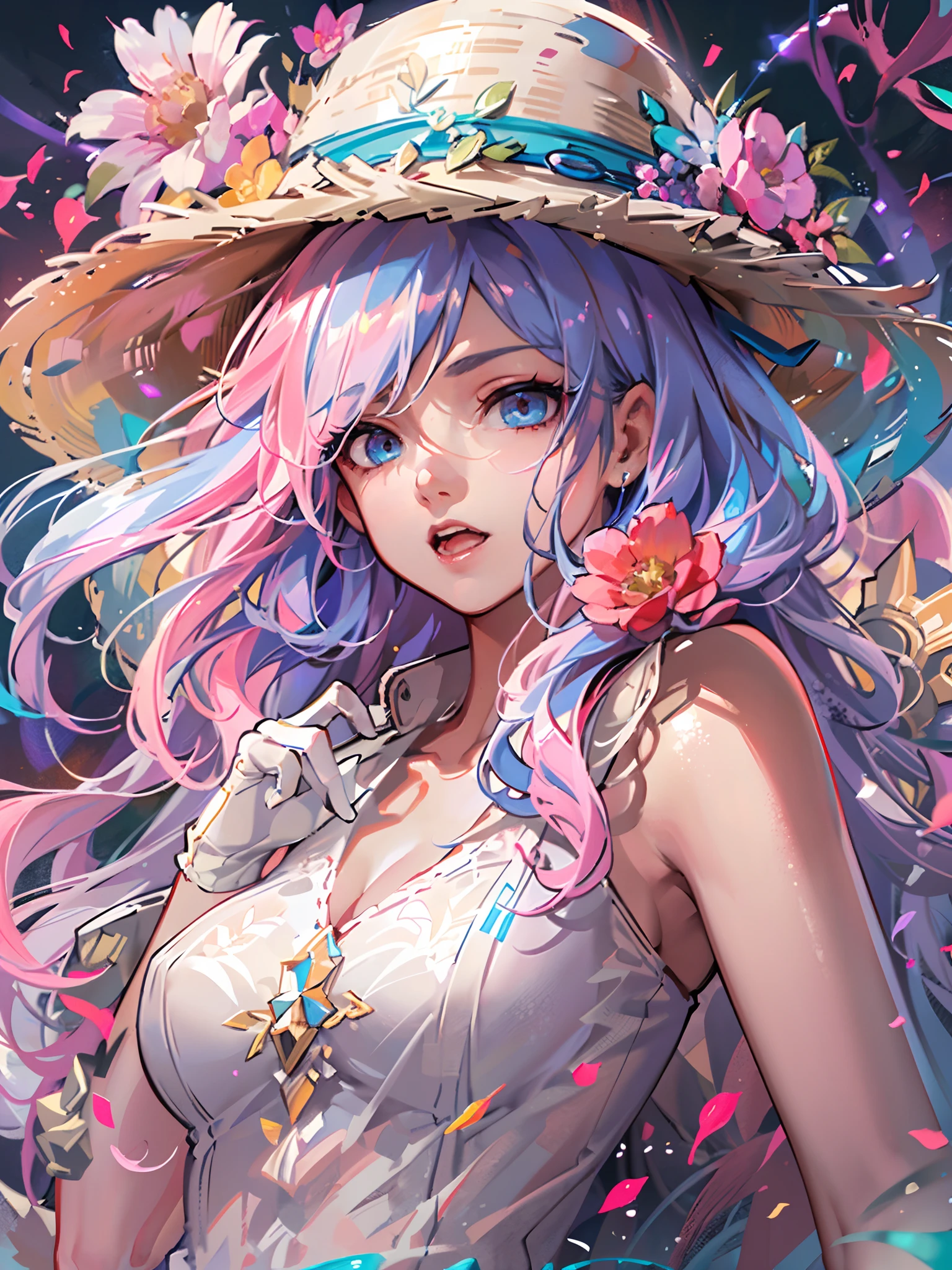 Original, very detailed wallpaper, very detailed illustrations, (1 Girl) , perfect female body, beautiful eyes, (delicate face) , (seductive expression) , eyes, impact,
A straw hat with flowers,white magical clothing, white gloves, living room,from below1.2,(rainbow color Hair,colorful hair,half blue and half pink hair:1.4)
(shiny skin) , (best lighting) , (super-complex detail) , 4K Unity, (super-detailed CG: 1.2) , (8K: 1.2), octane rendering
Dynamic, floating, luminous, League of Legends original painting, wide-angle viewing angle: 2,