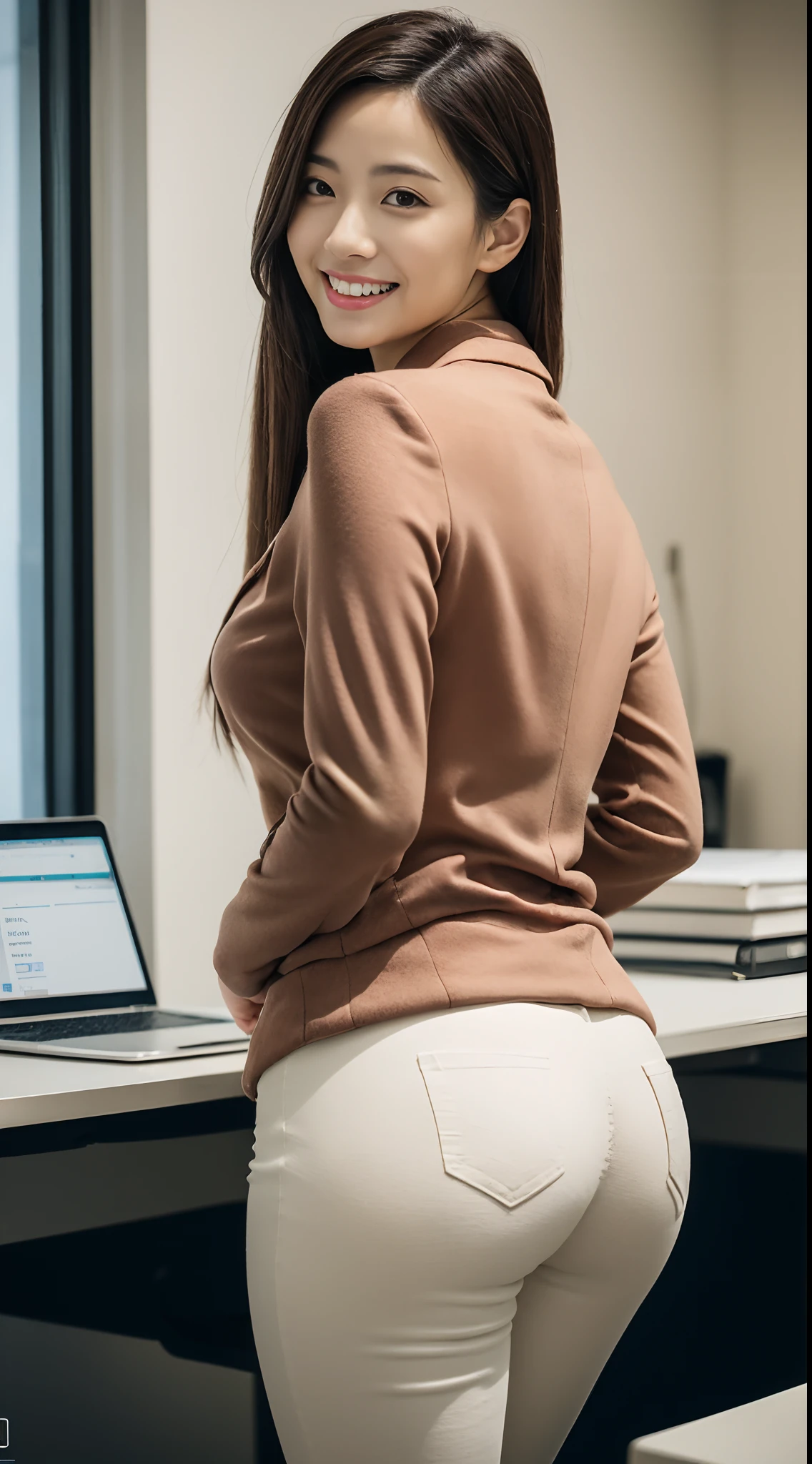 masutepiece, Best Quality, 超A high resolution,(photographrealistic:1.4) (depth of fields),(Lens Glow) , jaket:1.5、Inside the office:1.5、a Pretty Japanese woman:1.5、officeworker、Sexy buttocks:1.5 Put your hands on your hips、smil、Tight pants