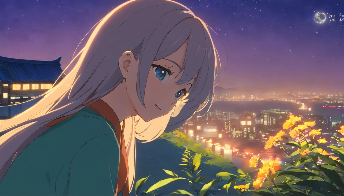 Best quality at best,tmasterpiece,The is very detailed,Face details,8K, detailed back ground,1girll,Face away from the camera,Silver hair,eBlue eyes,,long whitr hair,wavey hair,voluminous hair,,,Blushlush,ssmile,Shawl,Chinese city,Chinese service,the night,themoon,scenecy,high place,horizon,ventania,wind blown,flowerbed,