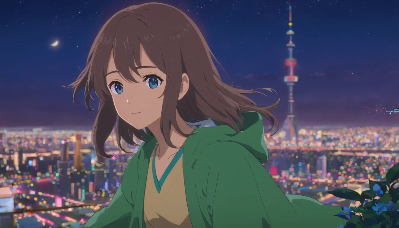 Best quality at best，tmasterpiece，The is very detailed，Face details，8K, detailed back ground，1girll，Face away from the camera，Silver hair，eBlue eyes，，long whitr hair，wavey hair，voluminous hair，，，Blushlush，ssmile，Shawl，Chinese city，Chinese service，the night，themoon，scenecy，high place，horizon，ventania，wind blown，flowerbed，