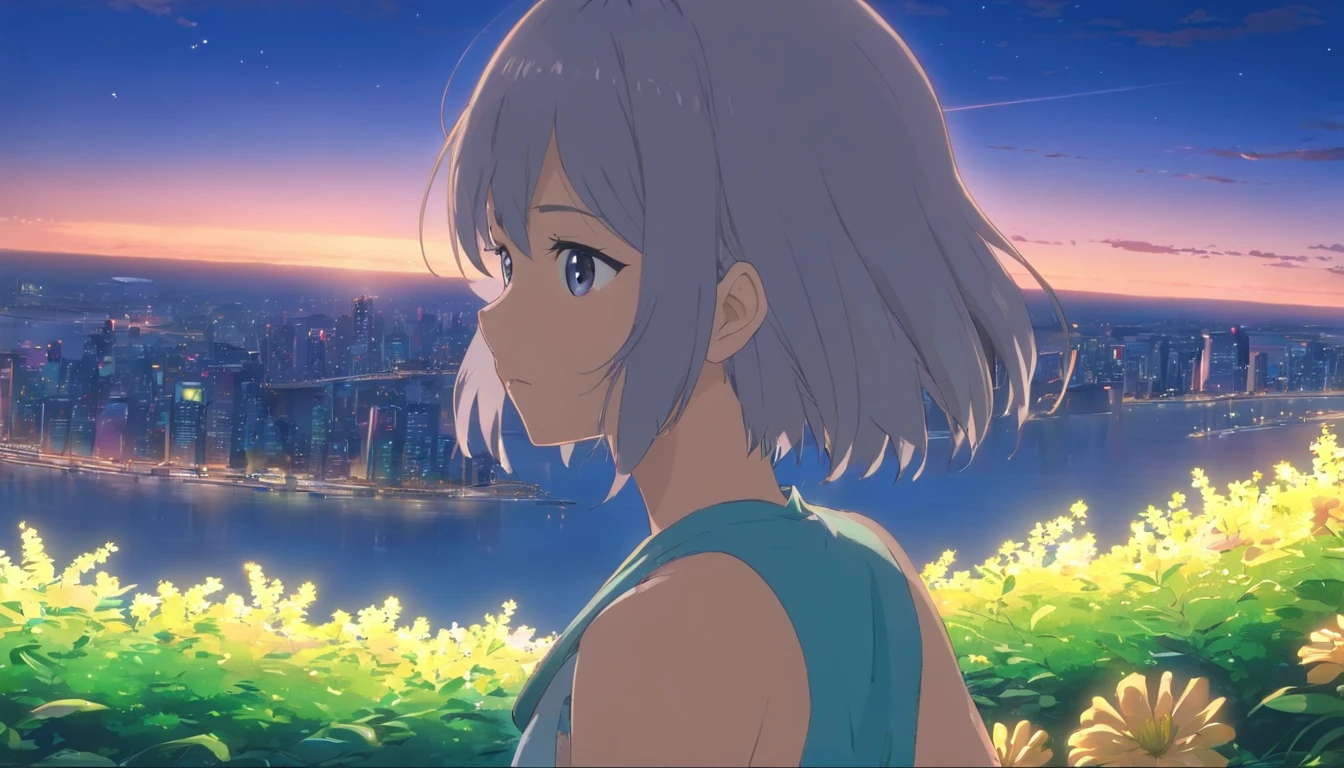 Best quality at best，tmasterpiece，The is very detailed，Face details，8K, detailed back ground，1girll，Face away from the camera，Silver hair，eBlue eyes，，long whitr hair，wavey hair，voluminous hair，，，Blushlush，ssmile，Shawl，Chinese city，Chinese service，the night，themoon，scenecy，high place，horizon，ventania，wind blown，flowerbed，