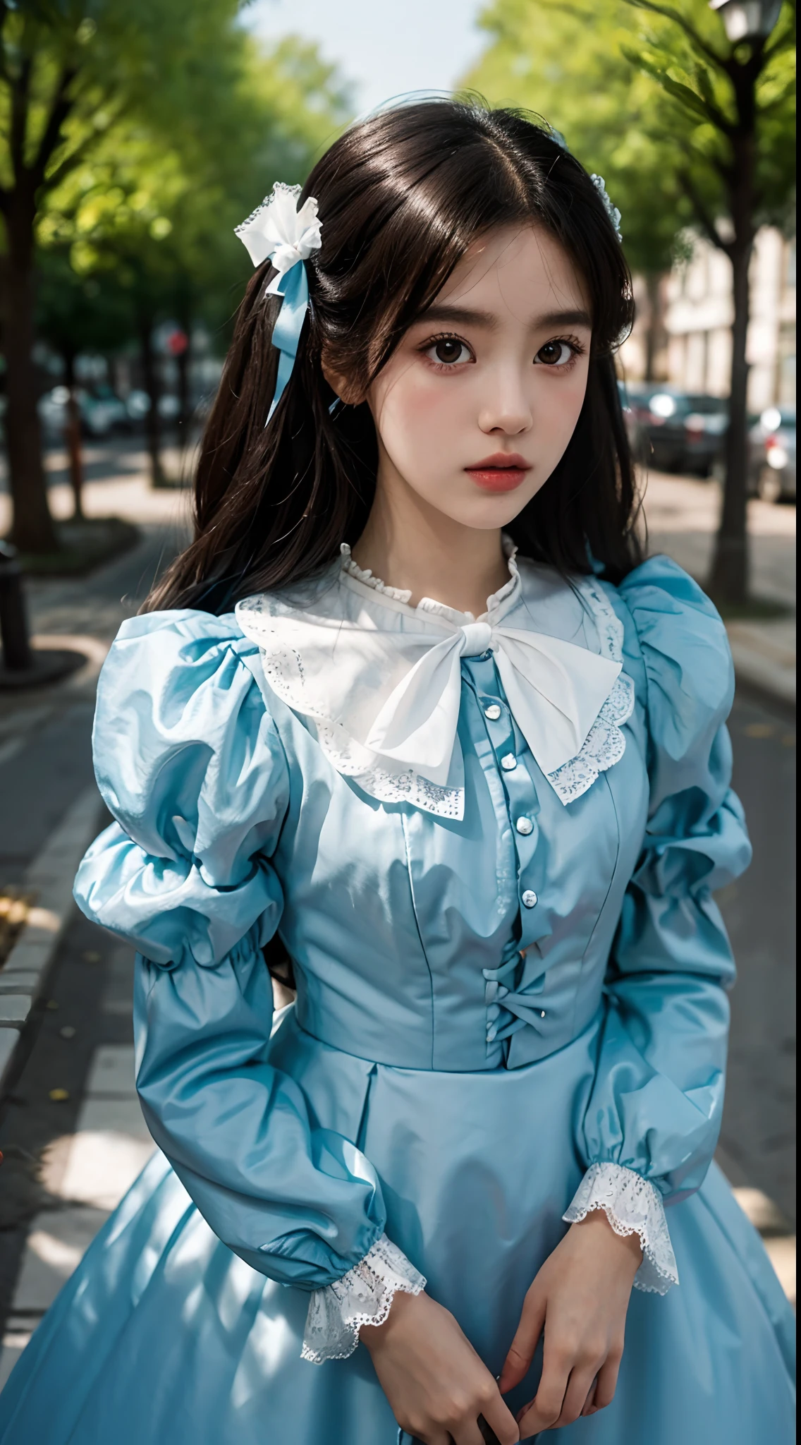 (Best quality,16k,High resolution photography:1.2), Lolita style, Wearing Lolita clothes, （Lolita style clothing，Lace is included in the requirements、Elements such as bows and puff sleeves，And presents elegant and cute features）,Korean and Japanese beautiful girls, Street background, Vibrant colors, Detailed eyes and lips, Small cherry bites,(Lovely,Charming:1.1),Ultra-fine painting, Sharp focus, Studio lighting