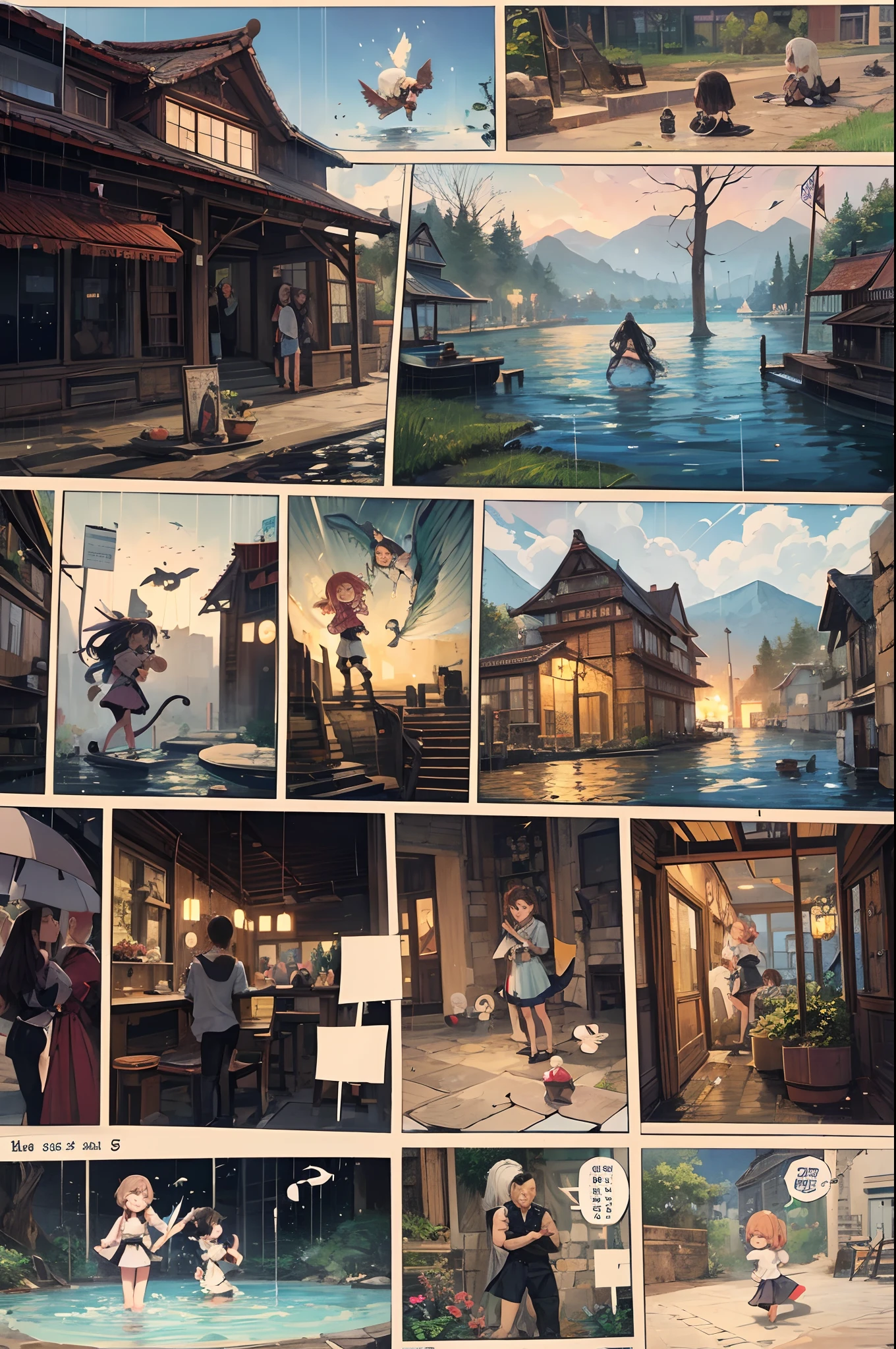 comic strip,Cartoon Split(4 or 5 or 6 tiles),Storyboard,Demons and angels fight,raining day,water bloom,standing water