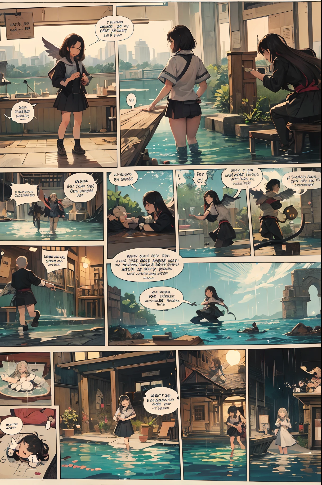 comic strip,Cartoon Split(4 or 5 or 6 tiles),Storyboard,Demons and angels fight,raining day,water bloom,standing water