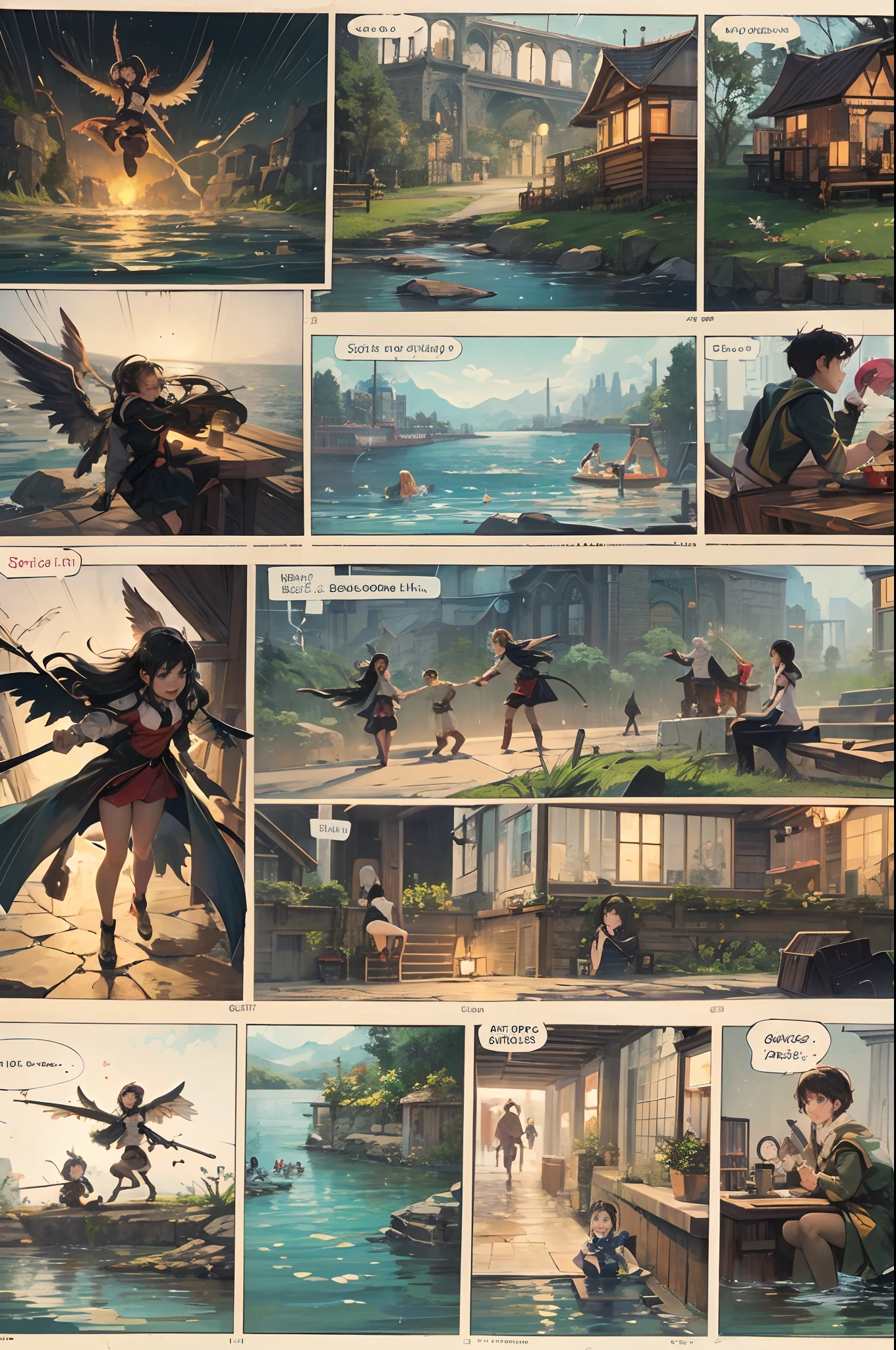 comic strip,Cartoon Split(4 or 5 or 6 tiles),Storyboard,Demons and angels fight,raining day,water bloom,standing water