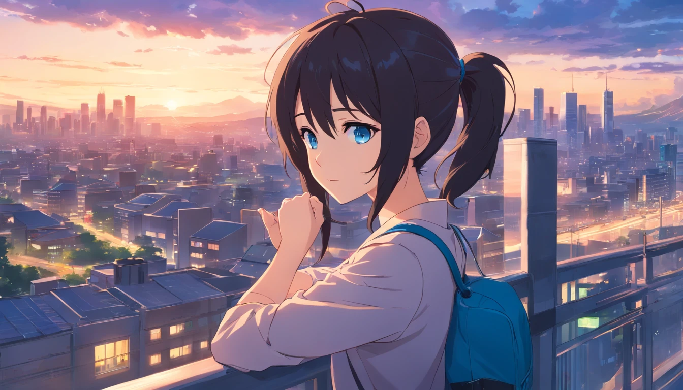 natta,Black color hair,pony tails,blue color eyes,Beth,view over city,sad
