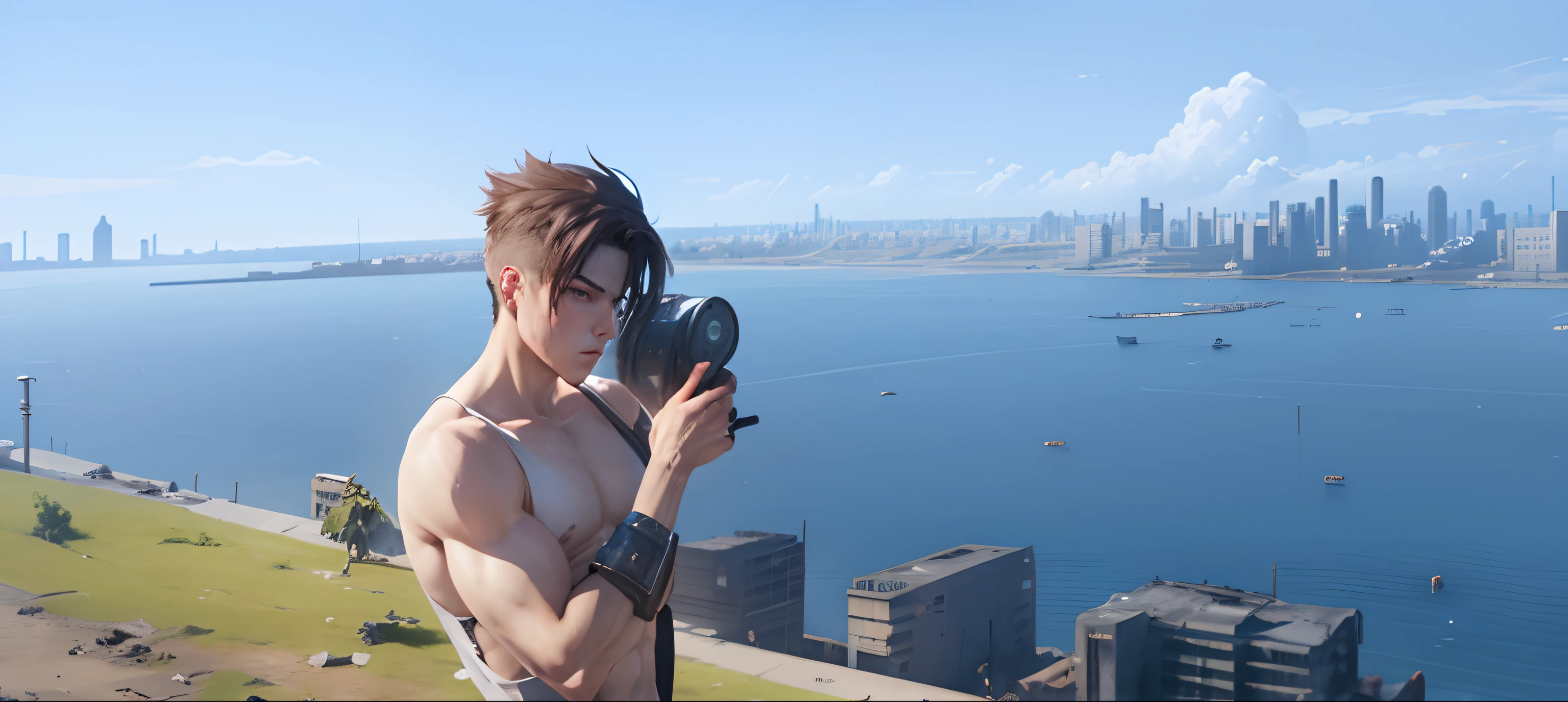 a closeup of a, ciberpunk, machinery, the anime, Gender: Male, Background: ruined city, postapocalypse