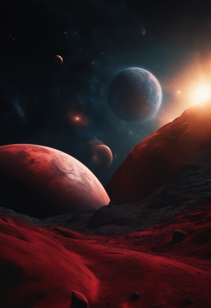 another planet images like Avengers infinity war, red and black texture, with glowy dark sky,  pebbles flying around for no gravity,