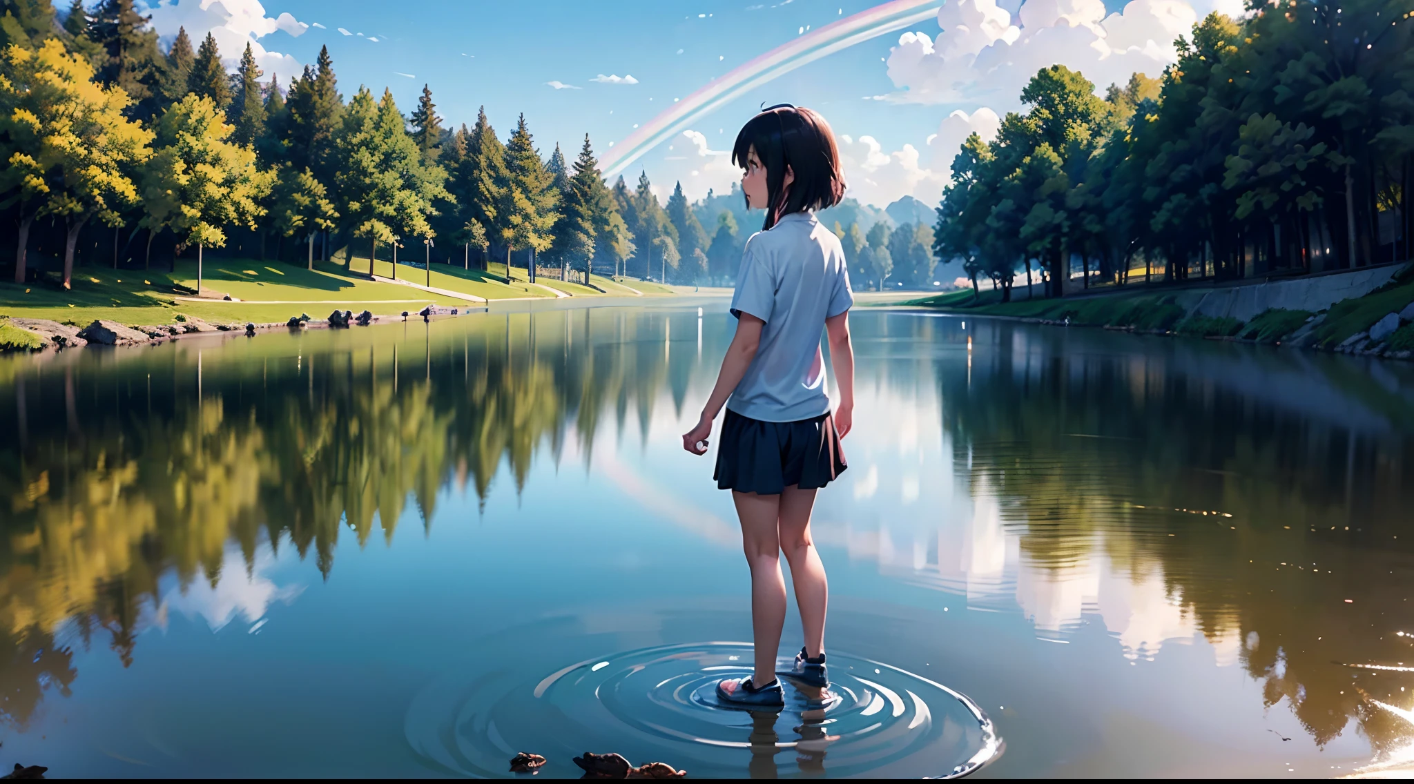 An anime-inspired scene with intricate details where children play happily in a puddle of water. Ensure the highest quality and use HDR, UHD and 64K resolution for a complex composition. Incorporate a vivid, colorful rainbow arcing across the sky. Artists: Hayao Miyazaki, Makoto Shinkai