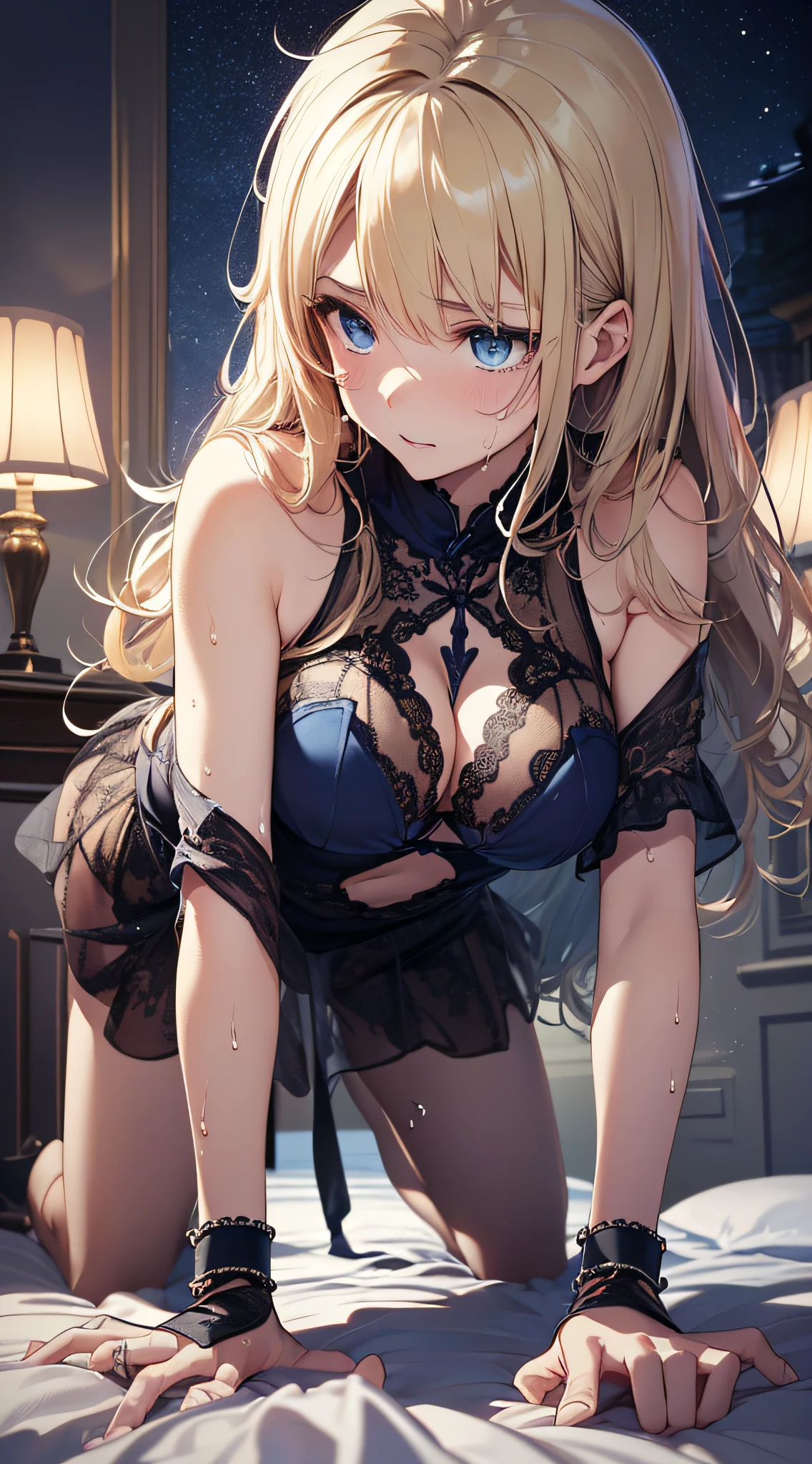 top-quality、Top image quality、masterpiece、girl with((18year old、 White underwear、Best Bust、Bust 85、a blond、Semi-long、Blue eyes、open chest wide、Valley、Happiness、Black wristband on wrist、A slender、耳Nipple Ring、the whole body is wet、wetting hair、embarassed face、On all fours、on the beds))hiquality、Camera Film Style、Background with((Beautiful room at night))、masutepiece、cool style、Elaborate design、visualart
