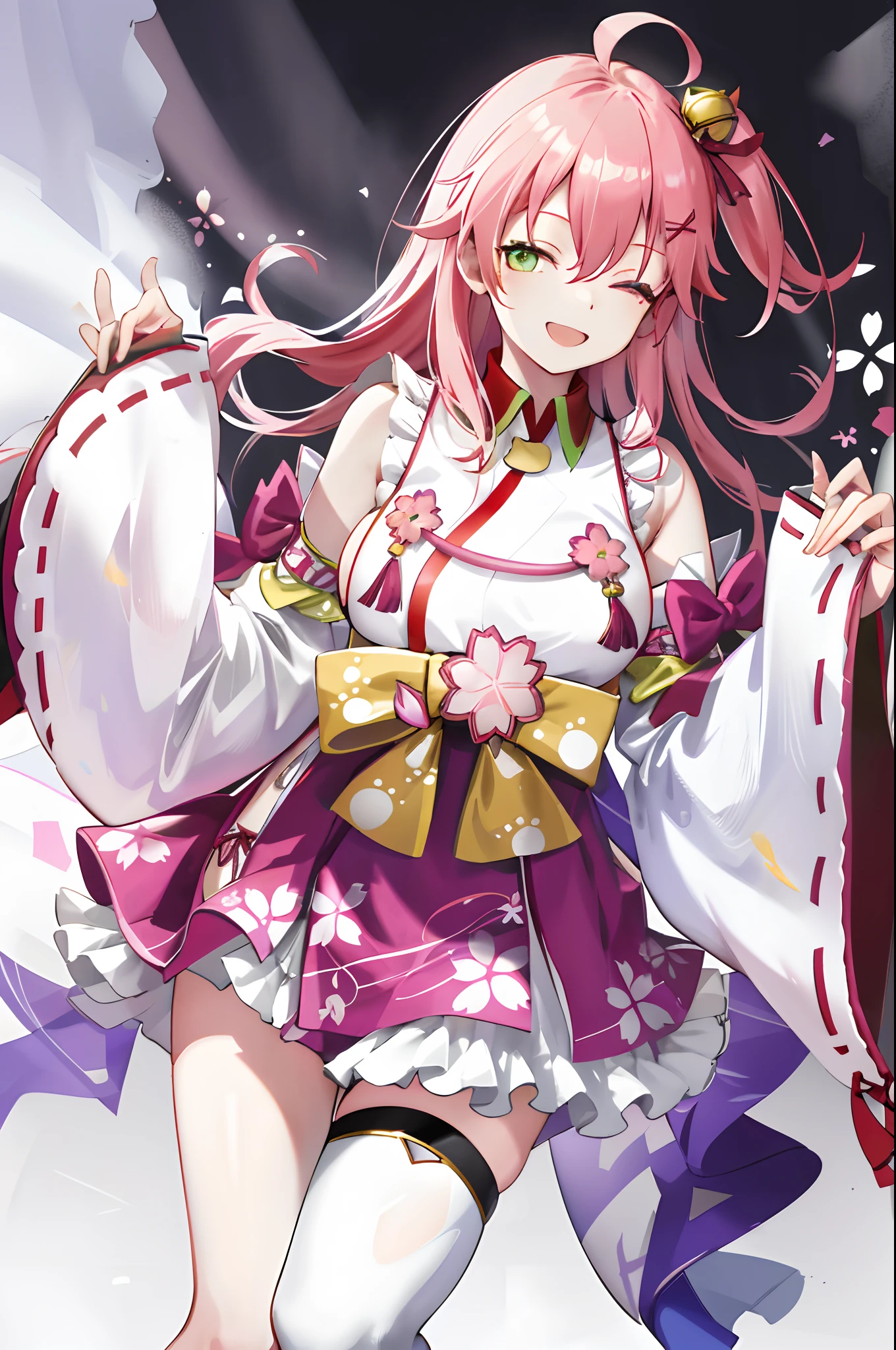 masterpiece, best quality, highres, miko1, sakura_miko, 1girl, green eyes, solo, ahoge, x_hair_ornament, pink_hair, floral print, hairclip,side_less_clothes, (sideboobs:1.4), hair_bell, floral print, long_hair, hair between eyes, one side up, white thighhighs, asymmetrical legwear, wide sleeves, open_mouth,happy,close_eyes, smile,dynamic_posing,rising_leg,plump,apart_legs,(overly_long_sleeves:1.1),(beautiful_fingers),sleeves_past_wrists,hands_hidden_sleeves