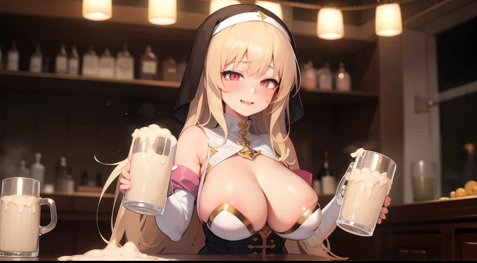 1girl,nun,pink eyes,blonde hair,large breasts ,cum mug,Gokkun,Traven,fantasy,drunk,happy,indoor,holding mug,upper body