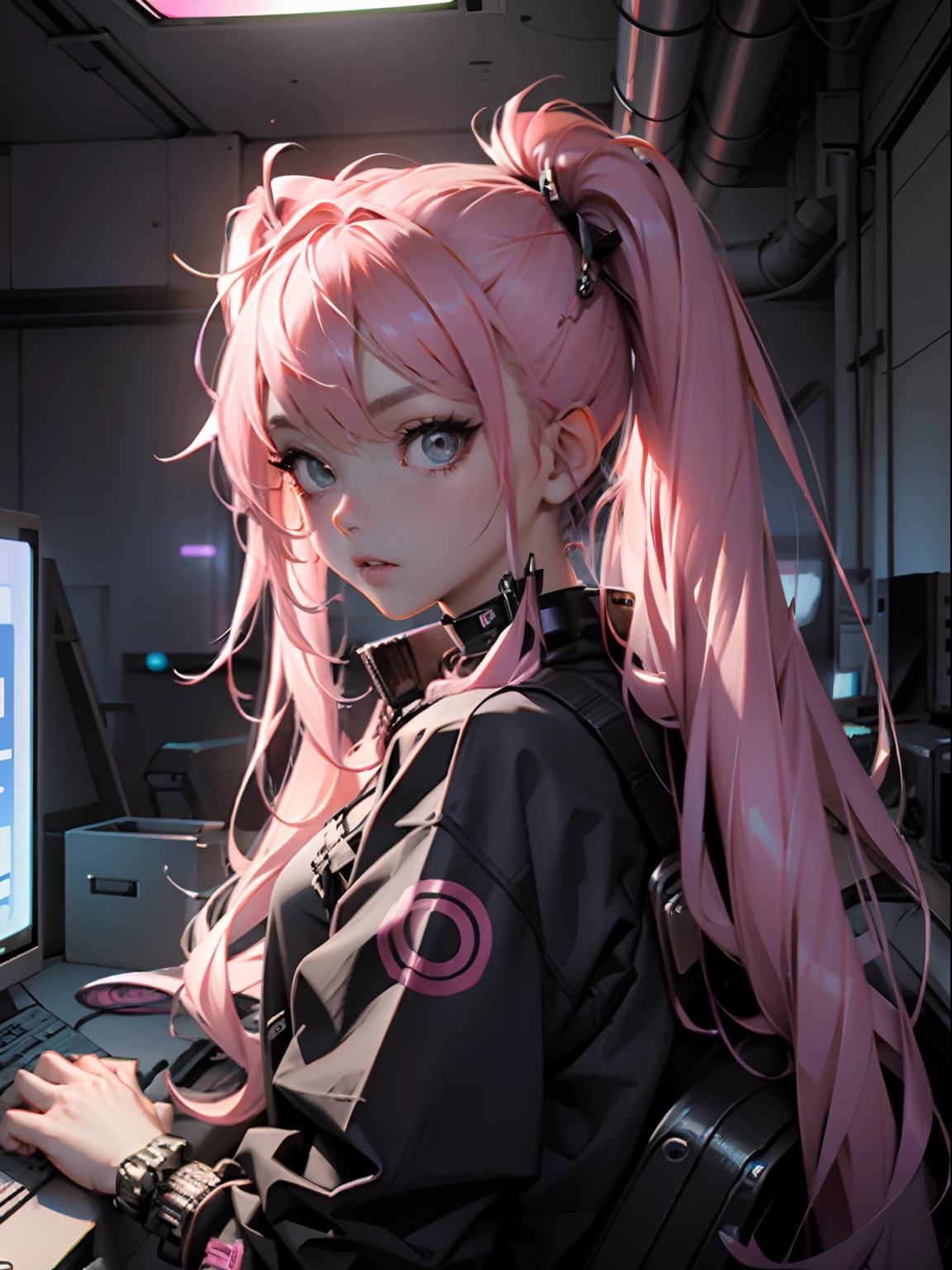 Beautiful woman pink twin tail long hair、cyberpunk style short clothes、gazing at viewer、front facing、