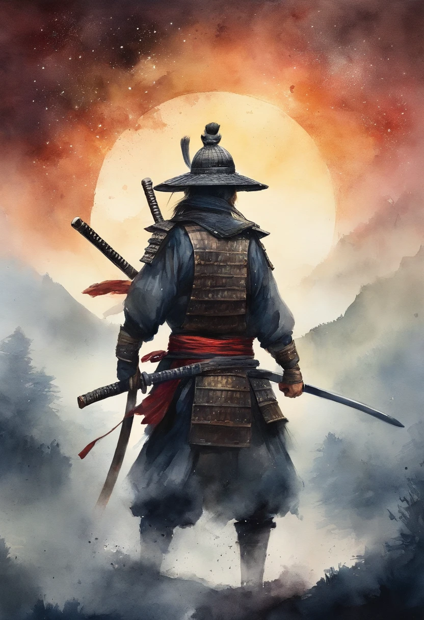 The samurai holds a katana, Starry skies and mist shroud the landscape.