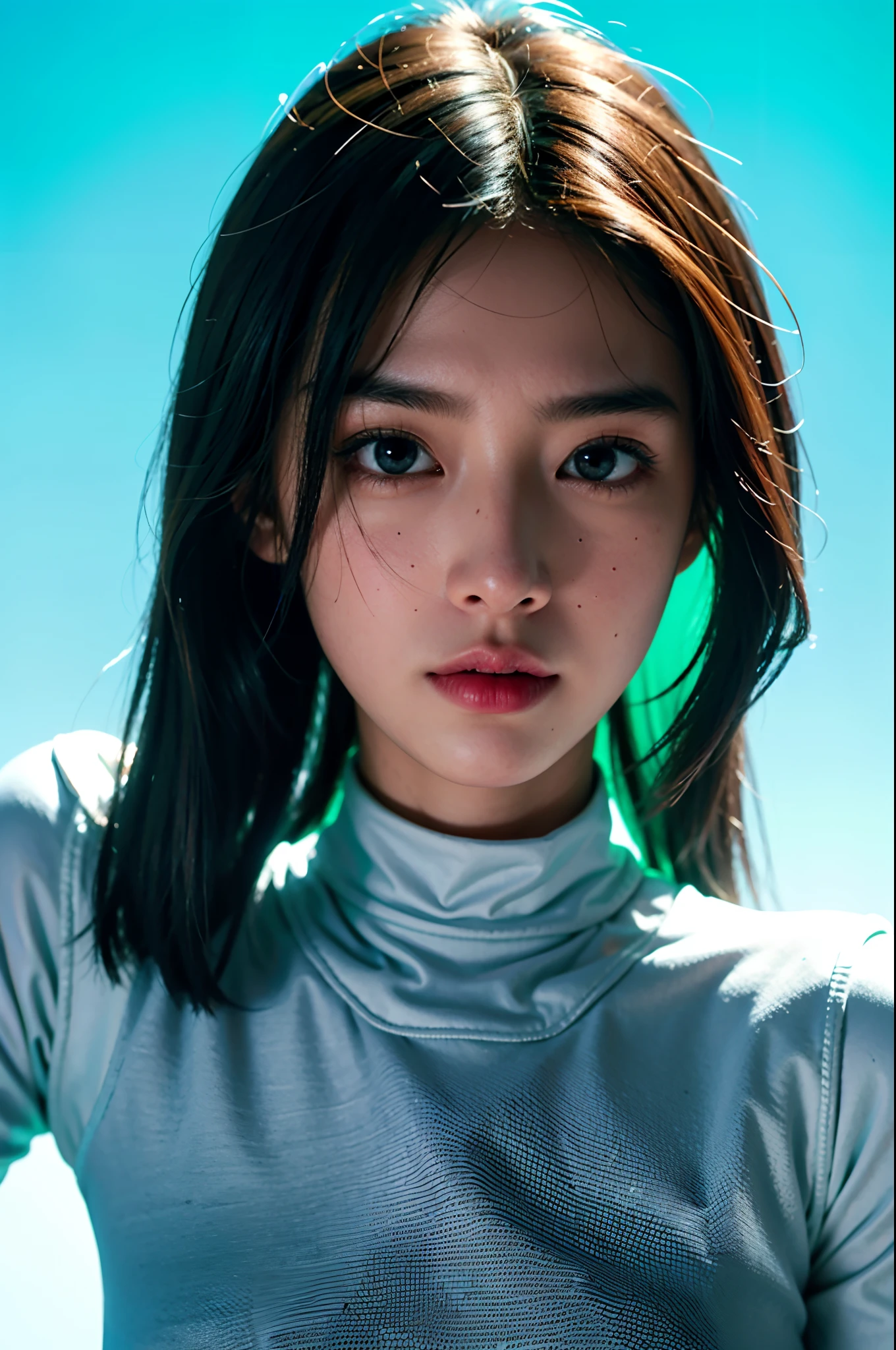 A close up of a woman with a green background and a blue sky - SeaArt AI