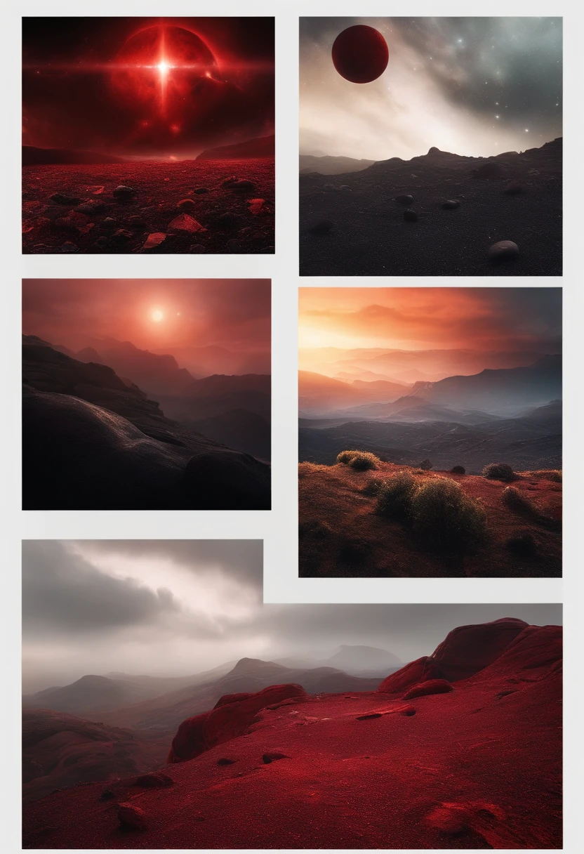 another planet images like Avengers infinity war, red and black texture, with glowy dark sky, pebbles flying around for no gravity, ground shot, doctor strange effect