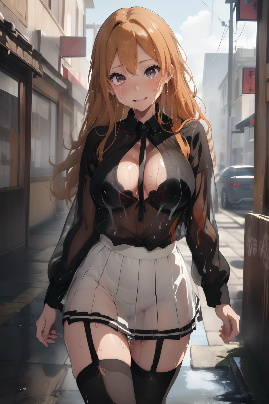 (​masterpiece、top-quality、top-quality、Beautifully Aesthetic:1.2)、ighly detailed、highestdetailed、grey  eyes、orange color hair|Semi-long blonde hair、cleavage of the breast、((Long sleeve blouse))、((Black bra))、Matsumoto Rangiku、graffiti art、Look at the viewer、A smile、Shower room、((whole body Dripping wet))、(Black underwear)、((Clothes are see-through))、(a miniskirt)、(plaid skirts)、((thigh-high socks))