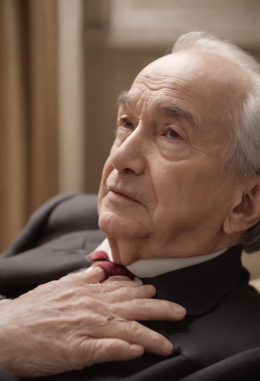 +_+, (An 80-year-old man with nasolabial folds on his face: 1.3), white mustache, black catsuit, short gray hair at the ends, long brown and red tie, beige jacket, Two fingers in front of the face, Werther's Оригинал, sitting in chair, light eyes, Morinaga, crying