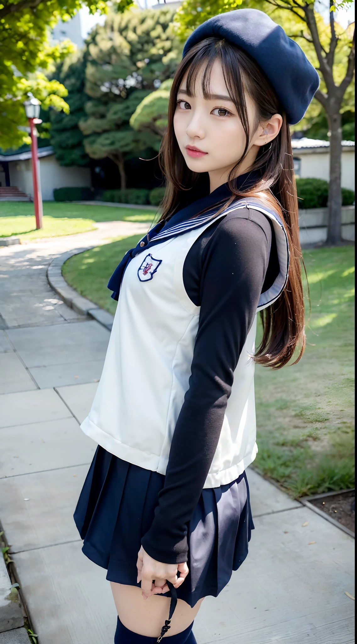 mix4, (16 K, Raw photography, Top image quality, ​masterpiece: 1.45), (realisitic, Photorealsitic: 1.37), one girls, 7．5, etc、Random hairstyle、Standing figure，Morning time slot、a very cute,a park,, profetional lighting, photon maping、physically-based renderingt, Gradient dark brown hair,, a handsome, Well-groomed and beautiful eyes、Large double eyelids、Very shiny、girl with, (((student clothes、Winter clothes、Sailor suit worn by Japan schoolgirl、Navy blue sailor color、scarf、a miniskirt, Small beret、high socks、lowfers))), Top Quality Photos, hight resolution, 1080p, (clearface), (Detailed face description), (Detailed hand description), (​masterpiece), (Exquisite CG)、extreme light and shadows、dishevled hair、master work、abundant detail、(Fine facial features)、(top quality photo)、(masuter piece)、(A detailed eye)、Look in front of you、Fine clavicle、((Slender big))、(((Japan schoolgirl in sailor suit)))、((Ready Idol System))、((a park、Slide、The fountain、seesaw))、(((neat and cute)))、耳Nipple Ring、A big smile、Drawing the whole body from the knees、Do not draw nasolabial folds、(((Cute sailor suit)))、(Big breasts that hang down big:1.4)、Big buttocks with tension、Two arms and two legs、(((from the front side:1.4)))、bare hand、No mask、