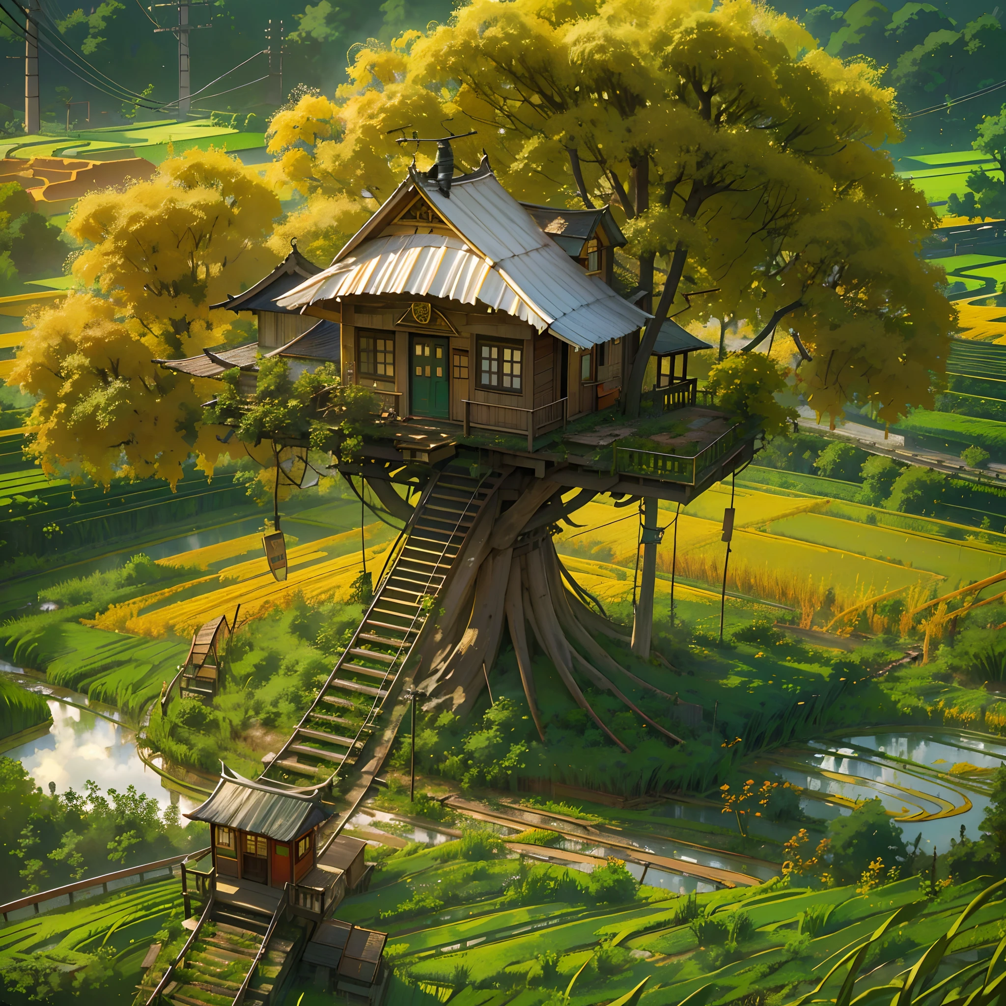 In the sunny autumn scenery,A tree house built on a tree,Secret base for girls,Tree house in girl style,1个Giant Breast Girl,(Railway with golden rice field background,Messy wires and poles,Oncoming trains,White smoke:1.4),The late autumn sun shines on the girl's face, Great attention to detail when shooting scenes, From the realistic textures of rice paddies to the fine brushstrokes that bring tree houses to life. This is a masterpiece of art, The resolution is 4K or even 8K, Bring out the full beauty and richness of the scene.