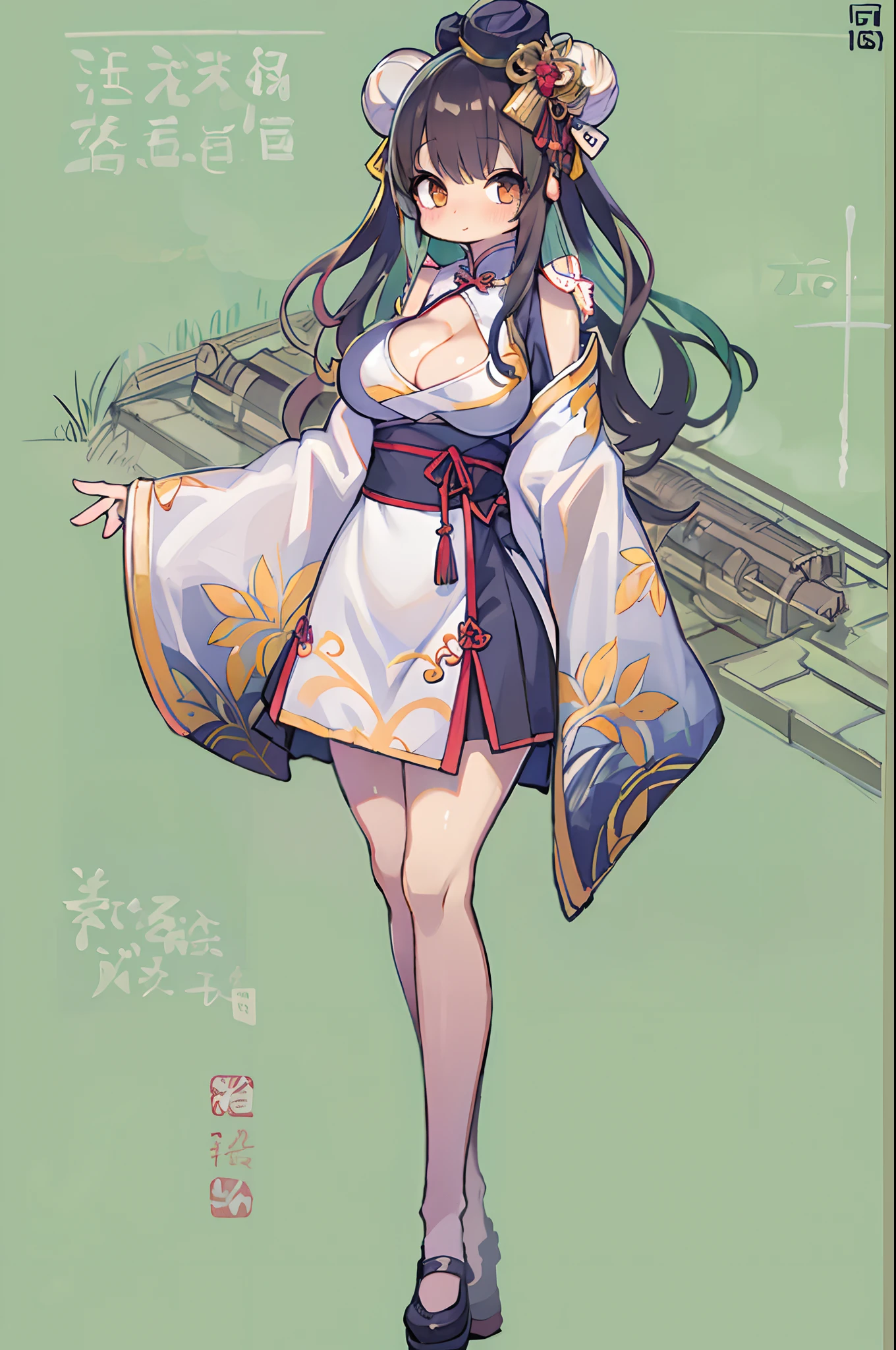 Best Quality, masutepiece, hight resolution,1girl in, china hanfu,Background of Chinese Architect,Chinese Bang Black Shorthair,Bun cover,qipao dress, long-one-piece dress,Tight mini skirt, Gold Decoration Dresses, Sleeveless, super detailed dress,cleavage, cleavage cutout, Clothes Cutout,Chibi,huge-breasted、(((bbw))),Large Thigh,