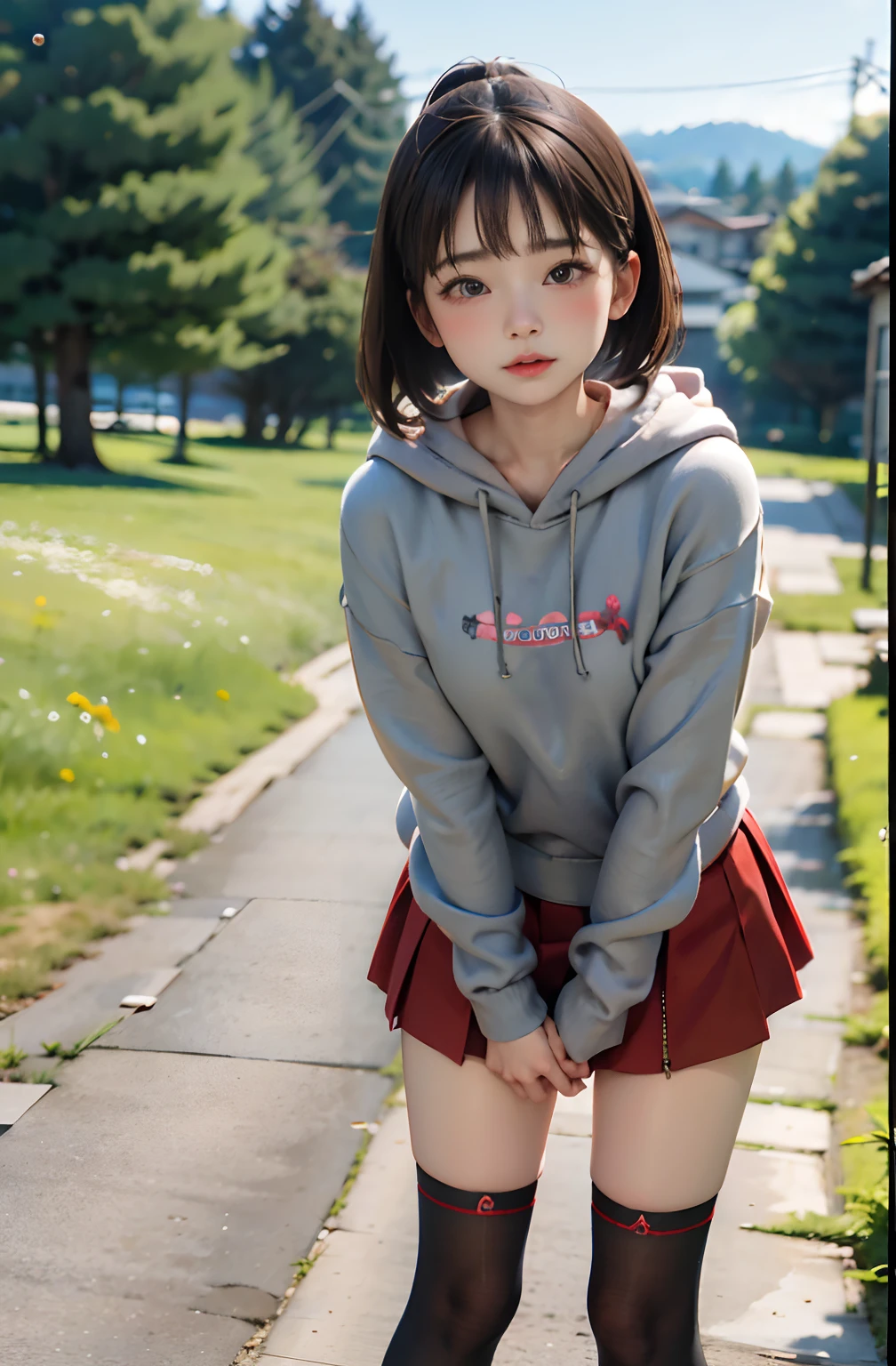 top-quality、masuter piece、ultra-detailliert、8k、独奏、Kawaii Girl、ar old、rt、Gray hoodie、a red skirt、Black knee socks、blurry backround:1.5、plein air、flower field
