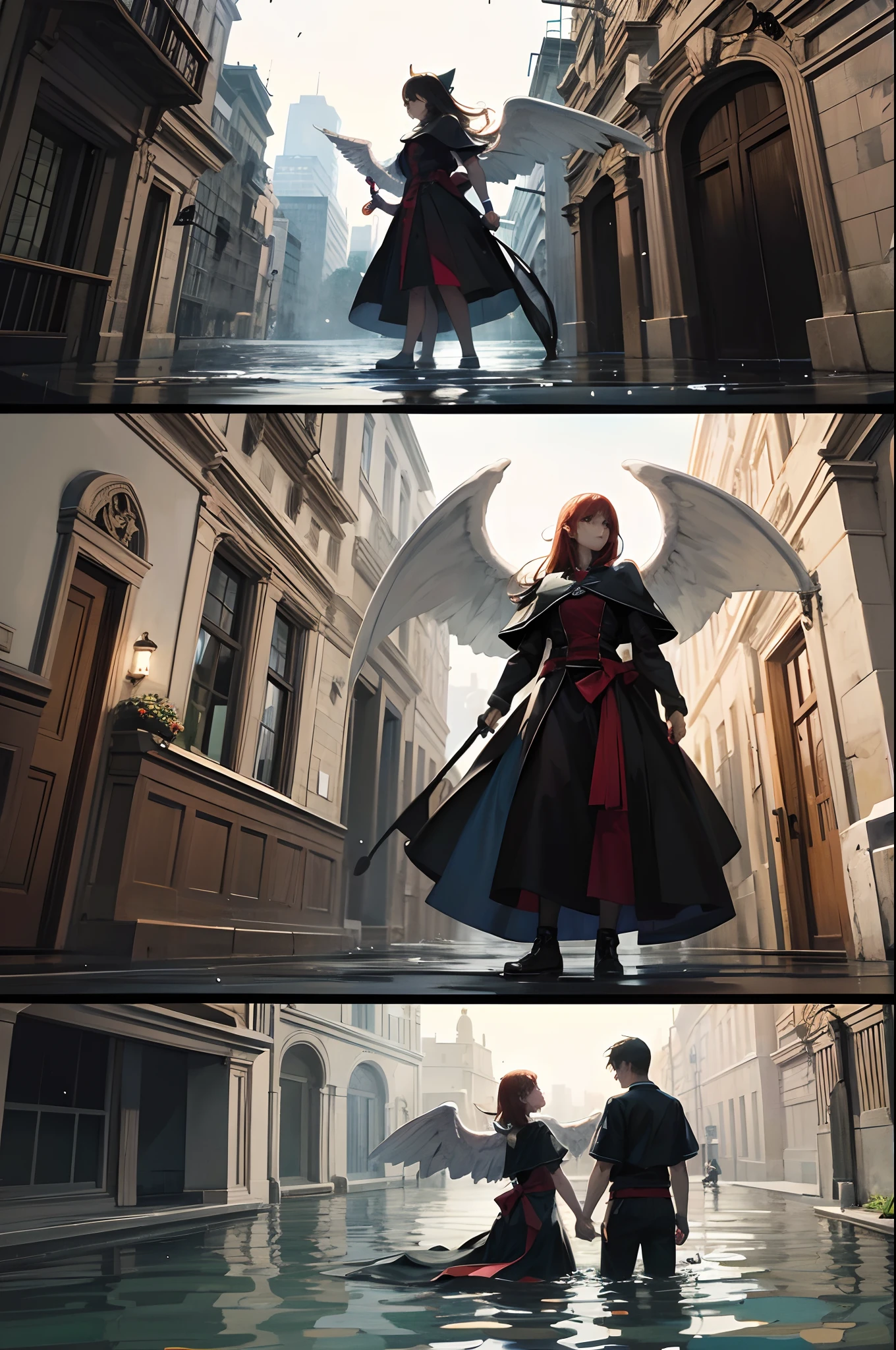 comic strip,Cartoon Split(4 or 5 or 6 tiles),Storyboard,Demons and angels fight,raining day,water bloom,standing water