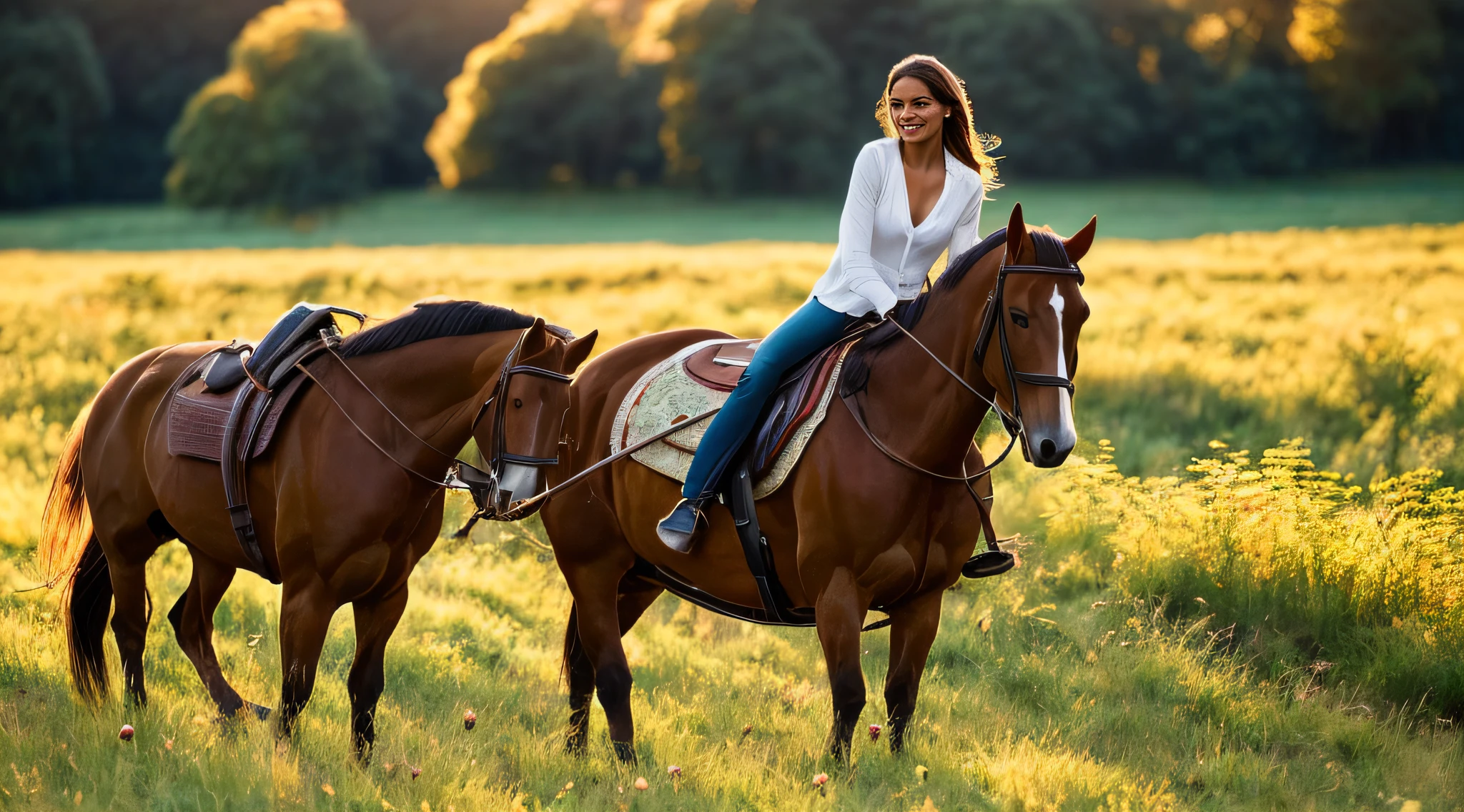 Bathed in the soft, golden light of dawn, a radiant Argentinian woman, with flawless features and her hair gently tousled by the wind, rides a spirited chestnut horse through a picturesque emerald-green meadow. The scene is imbued with a sense of serenity and harmony, evoking the artistic style of the renowned photographer, Annie Leibovitz.