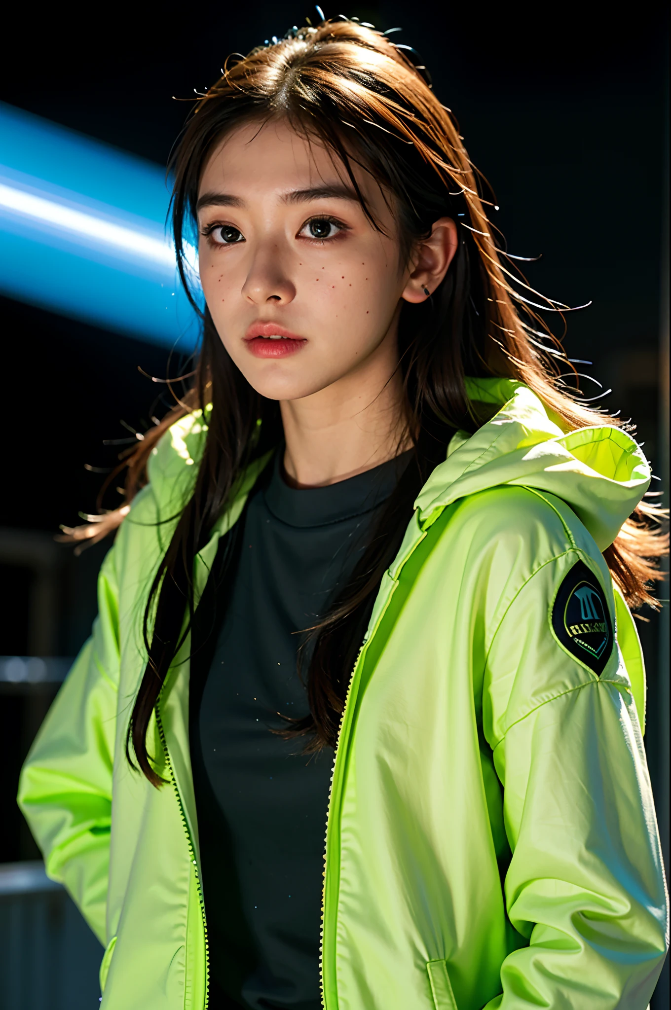(Small grain:0.5), motion picture,youthful, outer space, serious, detailed eyes, detailed face, Futuristic clothing details, Lights in clothes, (Aim the gun....:1.1), (concealment:1.1), (sideways glance:1.1), volumetric light, solitude, dark light, Red fluorescent profile, Green Fluorescent Profile, Blue Fluorescent Profile