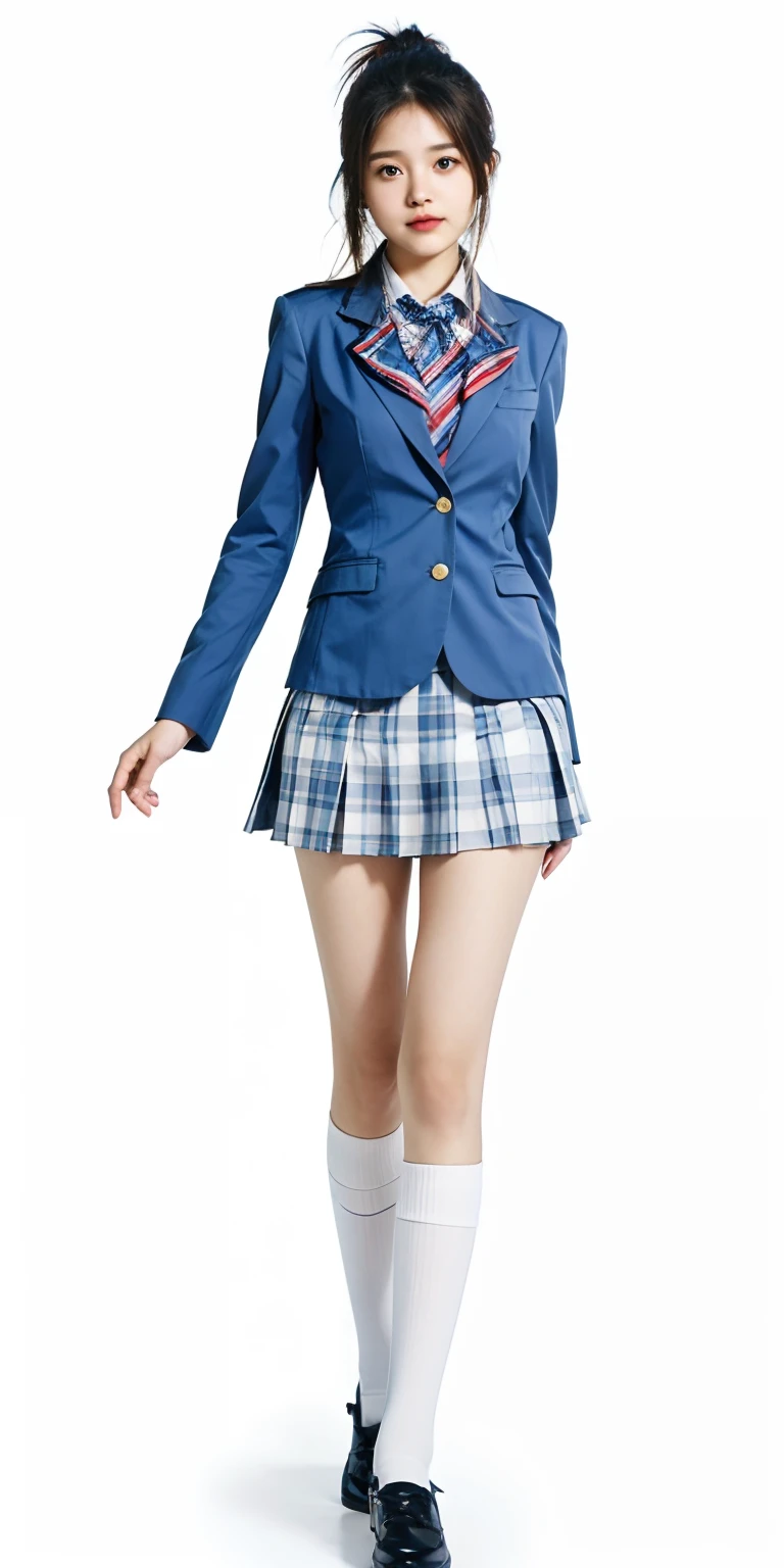 a girl in a school uniform is standing with her hands out, full body, hyperrealistic, blue blazer, short plaid skirt, school student uniform, beautiful anime high school girl, Hisako from Food Wars, realistic schoolgirl, white long socks, school shoes