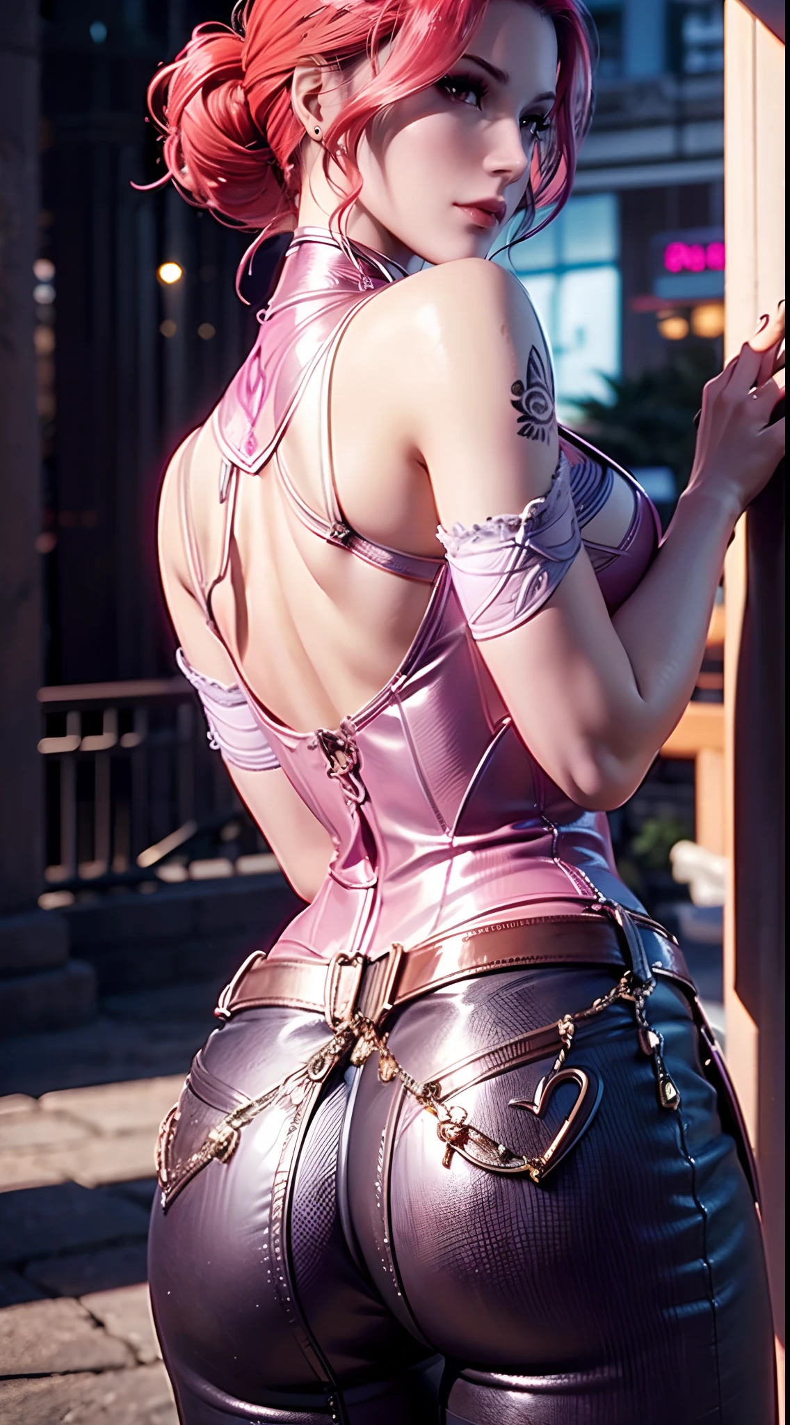 Bibi Dong,(((Mature female, (Pink iris:1.3), eyeslashes, Black eyeliner, black eyeshadows, braidedhair, Tattoo on the forehead, short detailed hair, Pink hair, pony tails,))),((Masterpiece)),A high resolution, ((Best quality)),tmasterpiece,top-quality,best qualityer,((( looking at viewert, There is light in the eyes,Exquisite facial features,laughingly,self-assured))),
