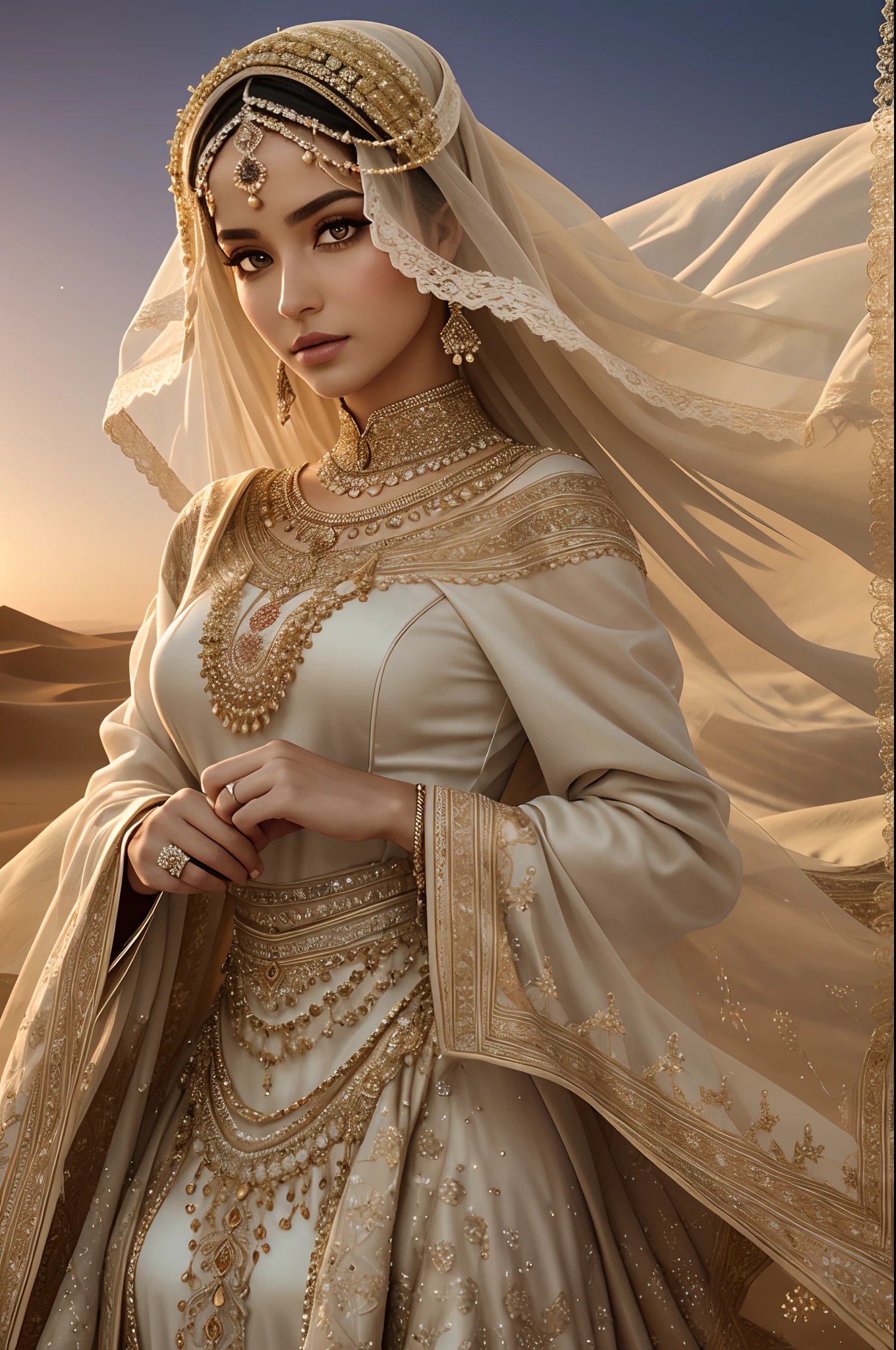 intricate digital illustration of the "Empty Quarter Bride" wearing a modest dress and a face cover, representing the traditional customs and values of the Arabian Peninsula. She is depicted with grace and elegance, symbolizing the beauty that lies beneath the veil.
The bride is dressed in a (flowing, long-sleeved gown)1.2 made from luxurious fabrics, showcasing intricate (embroidery)1.4 and delicate (lace)1.3 details. The dress is designed to cover her entire body, exemplifying modesty and refinement.
Her head is adorned with a (decorative headpiece)1.2, featuring (subtle embellishments)1.3 that complement her attire. A sheer (face cover)1.4 is worn, revealing only her eyes, adding an aura of mystery and intrigue.
Her eyes are captivating, accentuated with (subtle eye makeup)1.2 that highlights their natural beauty. Her lips are adorned with a soft, (neutral shade)1.3, enhancing her features while maintaining a modest appearance.
The background portrays the vast expanse of the Empty Quarter desert, with (sand dunes)1.4 stretching endlessly under a serene sky. The golden hues of the setting sun cast a warm and enchanting glow.
Overall, the illustration celebrates the Empty Quarter Bride's traditional values, showcasing her beauty, grace, and adherence to modesty. It captures the rich cultural heritage of the Arabian Peninsula and the captivating allure of the bride's concealed beauty.