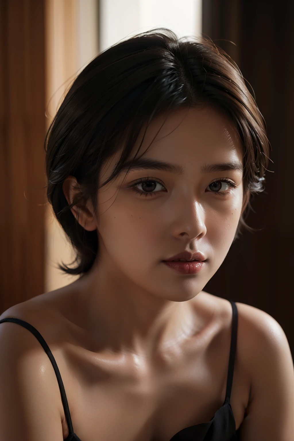 Best quality, masterpiece, ultra high res, (photorealistic:1.5), raw photo, 1girl, offshoulder, in the dark, deep shadow, low key, cold light, sexy look, short hair
