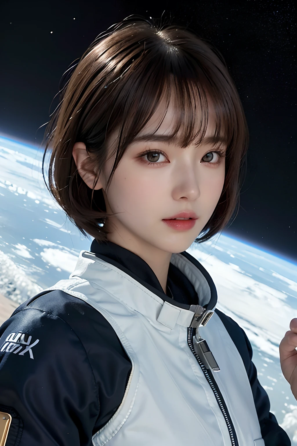 top-quality、​masterpiece、超A high resolution、(realisitic:1.4)、Beautuful Women１、Beautiful detail eyes and skin、ssmile、Light brown short-cut hair、The perfect spacesuit、spaceships、Inside the spacecraft、Dark Universe、