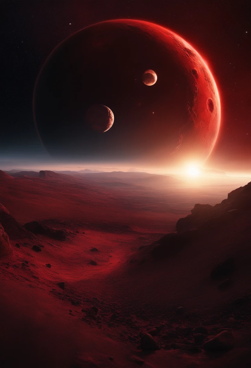 another planet images like Avengers infinity war, red and black texture, with glowy dark sky,  pebbles flying around for no gravity, ground shot