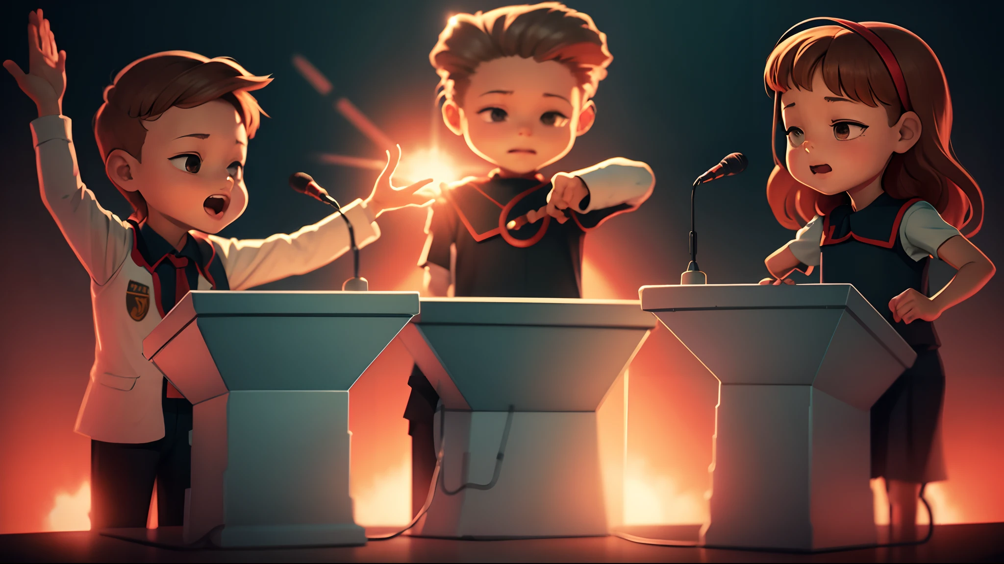 Children in a debate, with microphones over their pulpits, Background nuclear explosion