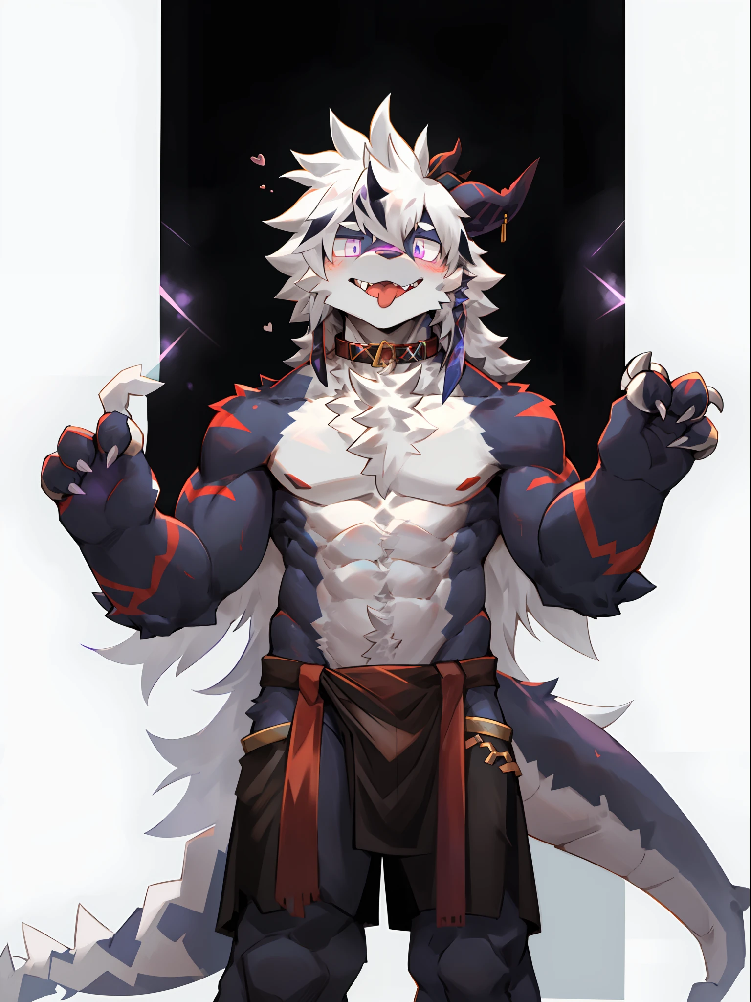 One guy，独奏，Full body like，shaggy male，hairy bodies，Correct anatomy，Detailed double eyes，glowing light eyes，Wearing a naked，Black loincloth，Muscular，long  white hair，drak，shoun（thin tall body type），male people，There are small horns on the head，black-skinned，，red striped，Purple eye，Evil god incarnation，glowing light eyes，Sharp claws，with light glowing，Cute meat pad，Collar，adolable，Handsome，Evil charm，haughty，Large dragon tail，full bodyesbian，White laboratory，Brainwashing，tongue stickout，Viscous liquid outflows，Underbody overflow