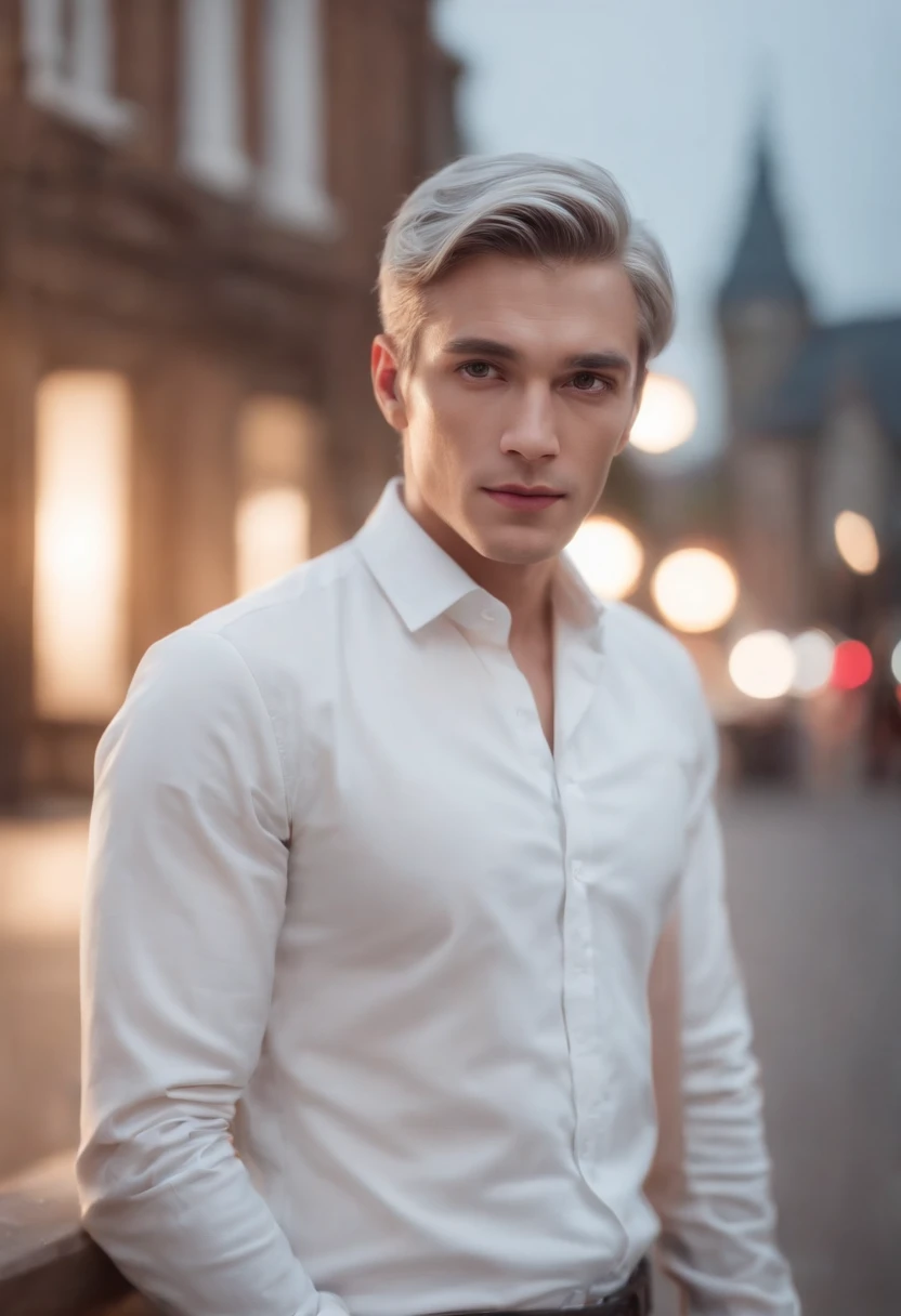 Young man, 25 years, gray hairs, in a white shirt , Reality photo, Reality Skin, detailed skin, Glowing light eyes, biomechanical, eldritch, Creepy, nightmarish, Very bright colors, light particles, with luminous light, Mshiff, Wallpaper Art, UHD wallpaper