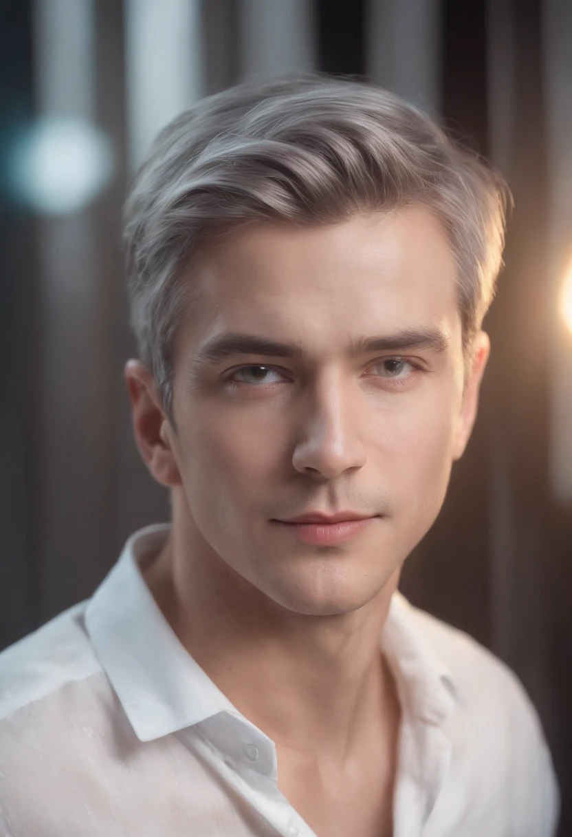 Young man, 25 years, gray hairs, in a white shirt , Reality photo, Reality Skin, detailed skin, Glowing light eyes, biomechanical, eldritch, Creepy, nightmarish, Very bright colors, light particles, with luminous light, Mshiff, Wallpaper Art, UHD wallpaper