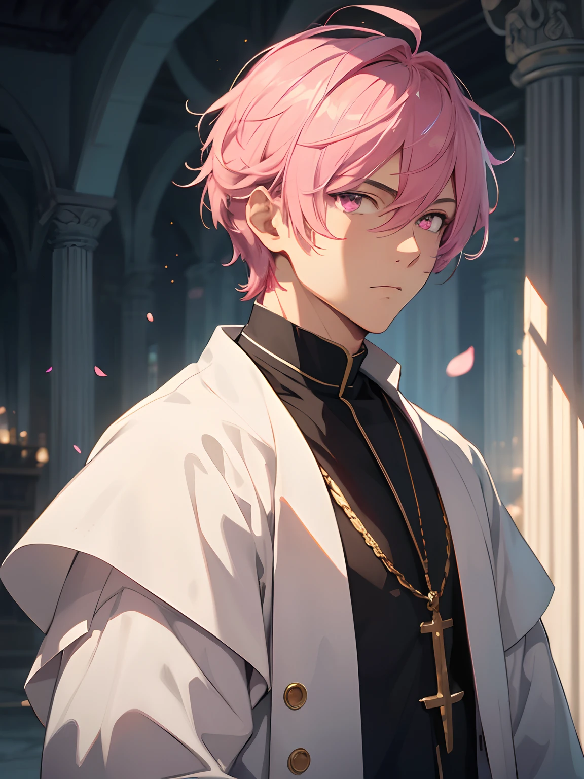 1man, solo, male focus, tmasterpiece, fantasy world, mysterious, handsome, pink hair, pink eyes, highest quality digital art, Stunning art, stunning art, wallpaper 4K, 8K, 16K, 32K, absurdres, highly detailed, anime masterpiece, serene expression, anime, best anime character design, looking at viewer, (((A handsome young))), ((Teenage:1.5)), (glow pink eyes), ((Eyes have light)),upper body only, fractal art, ,priest, bishop, archbishop, inside a temple, ray tracing,