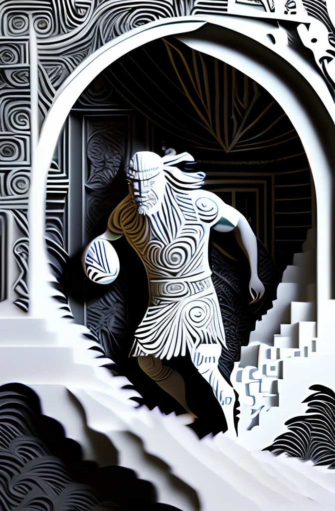 Māori Theme, design like the oldies Māori, rugby and suf inspired, [perfect details], black and white, tiny lines in black and makes by ink pen, warriors surrounding, perfect details, 3D appearance,