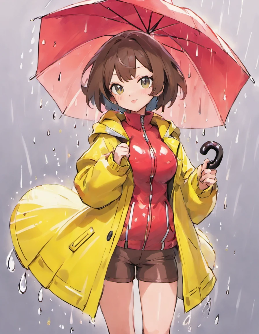 can you draw a lady in a pvc yellow rain coat and red umbrella, the lady has large breasts and is about 50 years of age, she has long legs, she has short hair, with it styed to one side, her hair is a dark brown,