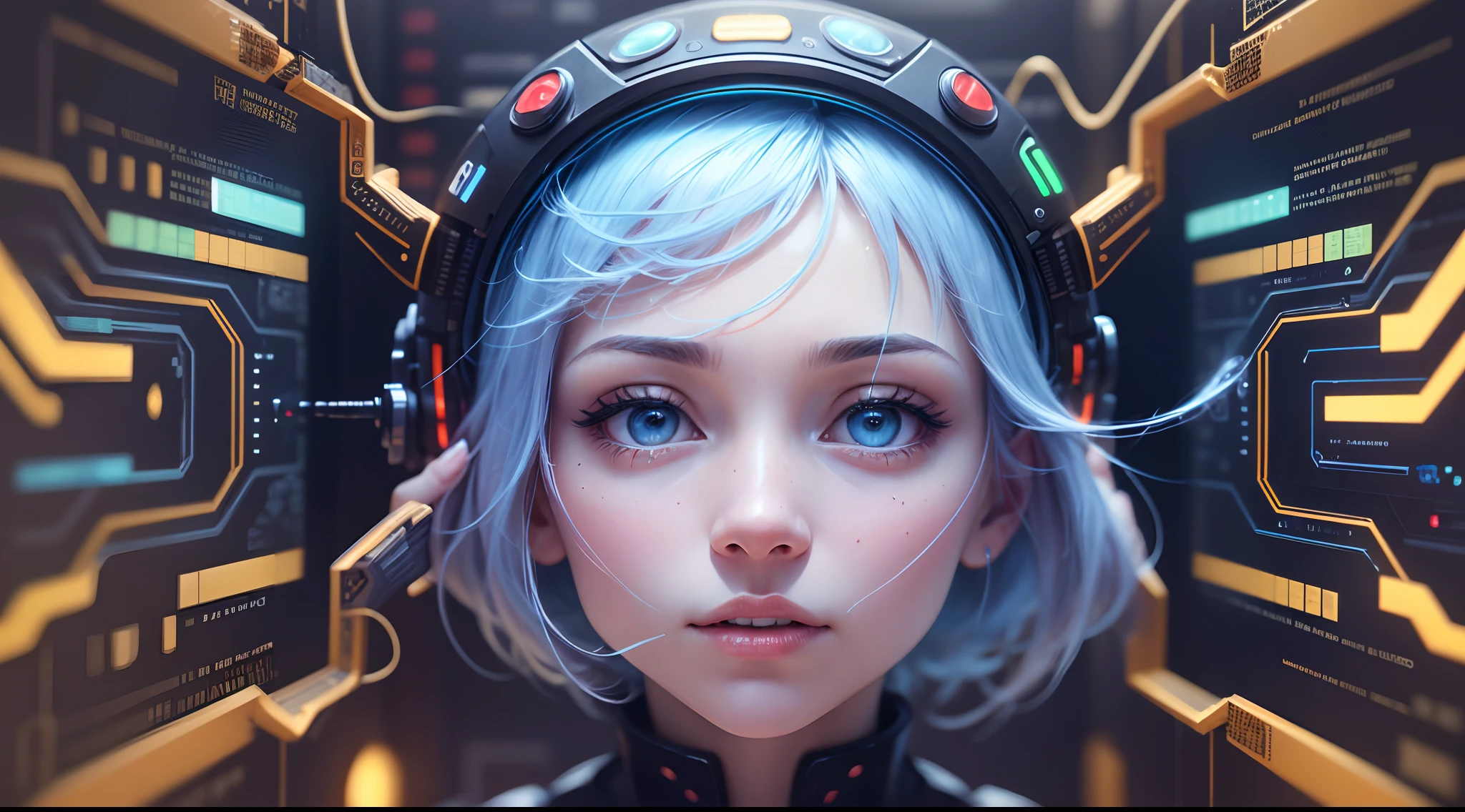(Best Quality, 8k, 32k, Masterpiece, UHD: 1.2), close-up of a person touching brain fragments, brain connected to a computer, electronic brain, CPU with human brain, neurochip, brain interface, neuromorphic chip, brain computer interface, head visible circuit, neuroscience, brain, network enhancement implant, blue brain, neural web, taking mind-altering ?????, nerves