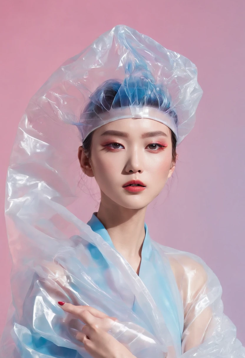 editorial fashion, korean woman, weird hairstyle, model, covered plastic bag, plastic bag, plastic, striking pose, surrealism, harsh lighting, perfect composition, symmetry, detailed, plastic hat, vibrant background, bokeh