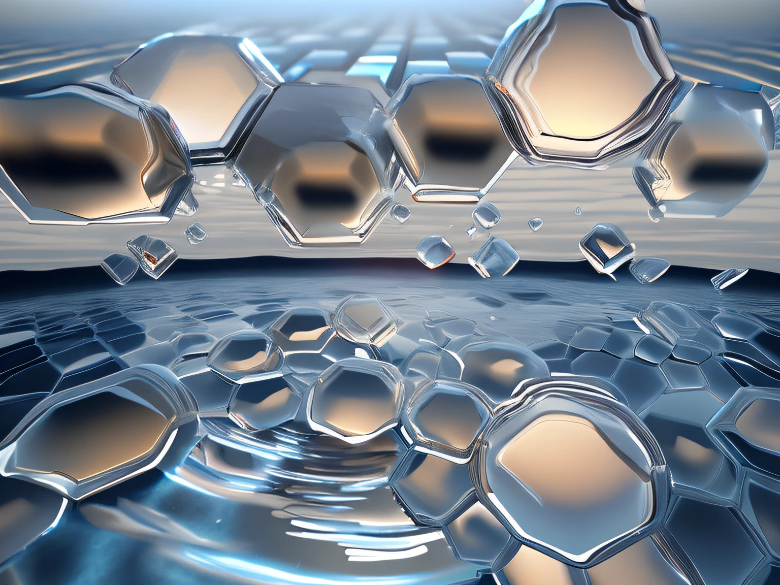hexagons，Liquid metal,  reflective surface, 3 d fluid simulation render, Wet metal reflection, hexagons, liquid polished metal， Caustic reflections