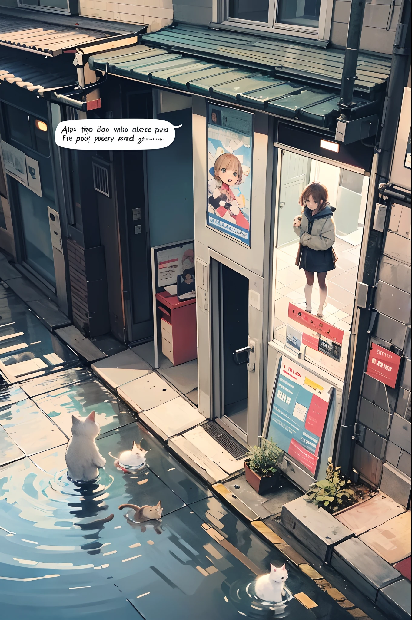 comic strip,Cartoon Split(4 or 5 or 6 tiles),Storyboard,Kittens looking for food on the side of the street,raining day,water bloom,standing water