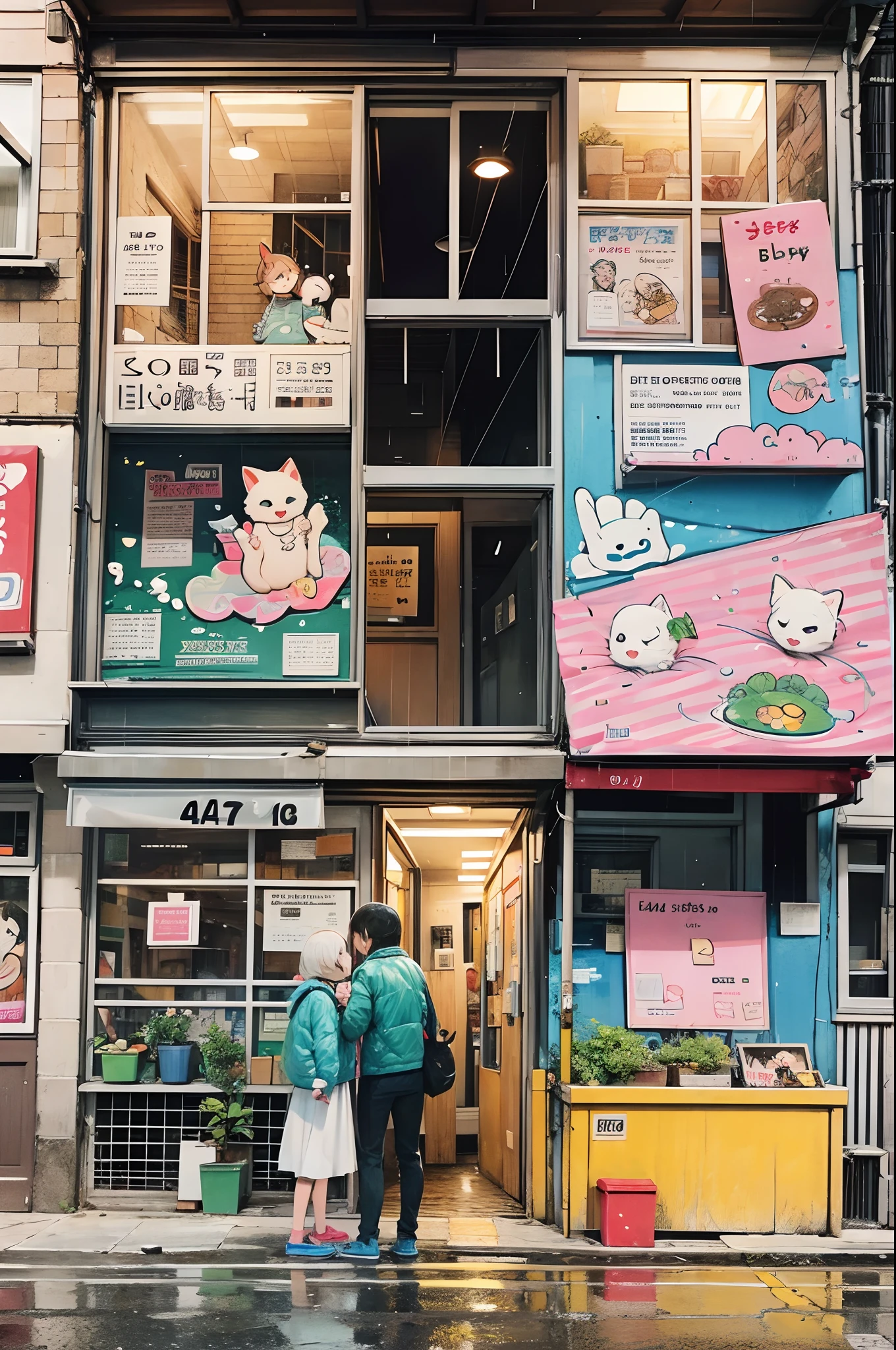 comic strip，Cartoon Split（4 or 5 or 6 tiles），Storyboard，Kittens looking for food on the side of the street，raining day，water bloom，standing water