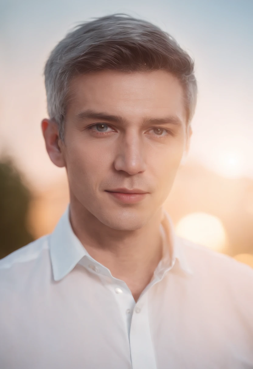 Young man, 25 years, gray hairs, wearing white shirt , Reality photo, Reality Skin, detailed skin, Glowing light eyes, biomechanical, eldritch, Creepy, nightmarish, Very bright colors, light particles, with luminous light, Mshiff, Wallpaper Art, UHD wallpaper